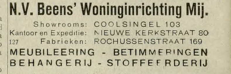 N.V. Beens' Woninginrichting Mij. display advertisement, Rotterdam adresboek 1926 p.1032