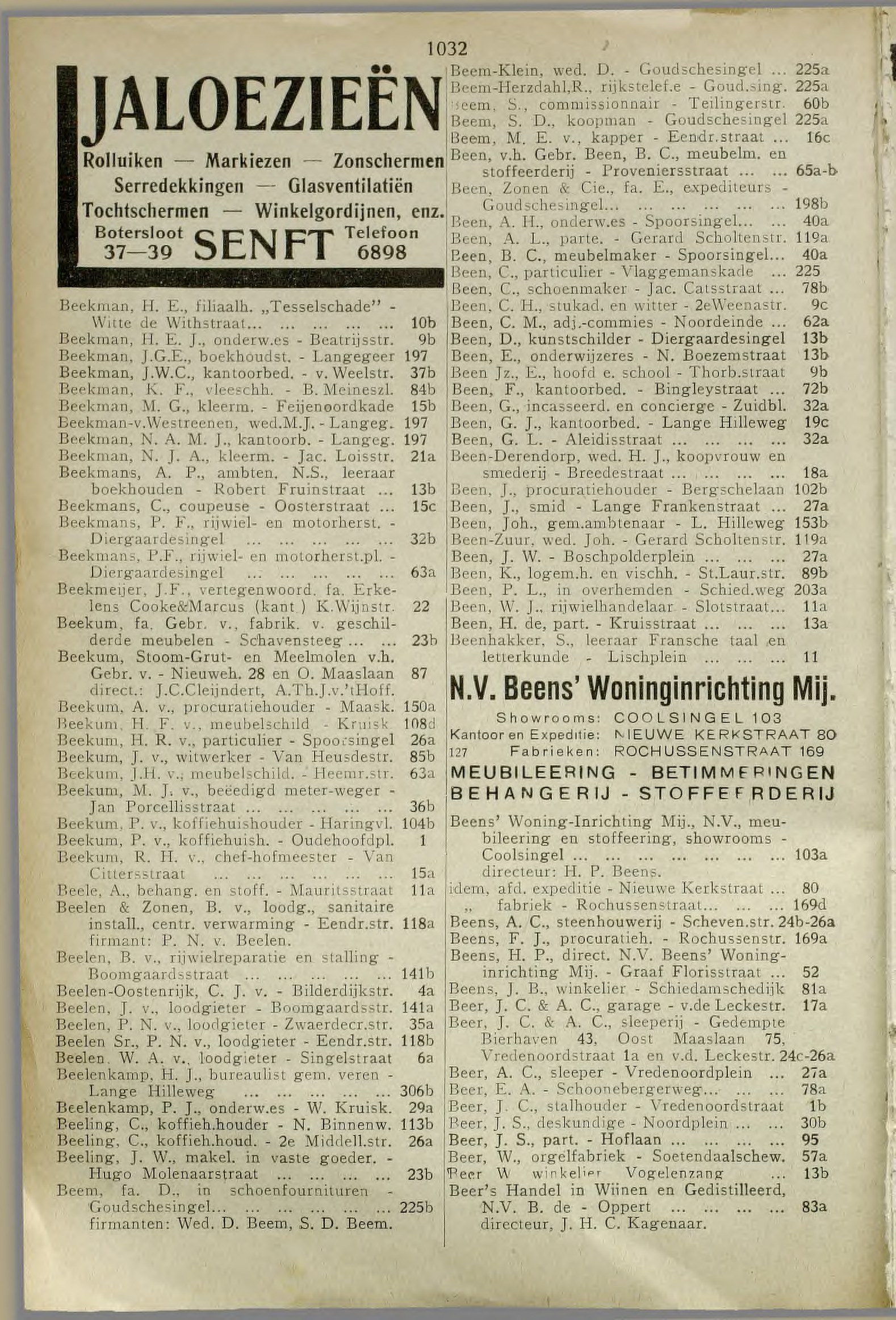 Adresboek Rotterdam 1926 — Alfabetische naamlijst (Bee-), Beens at Rochussenstraat 169, 3023-70 blad 514