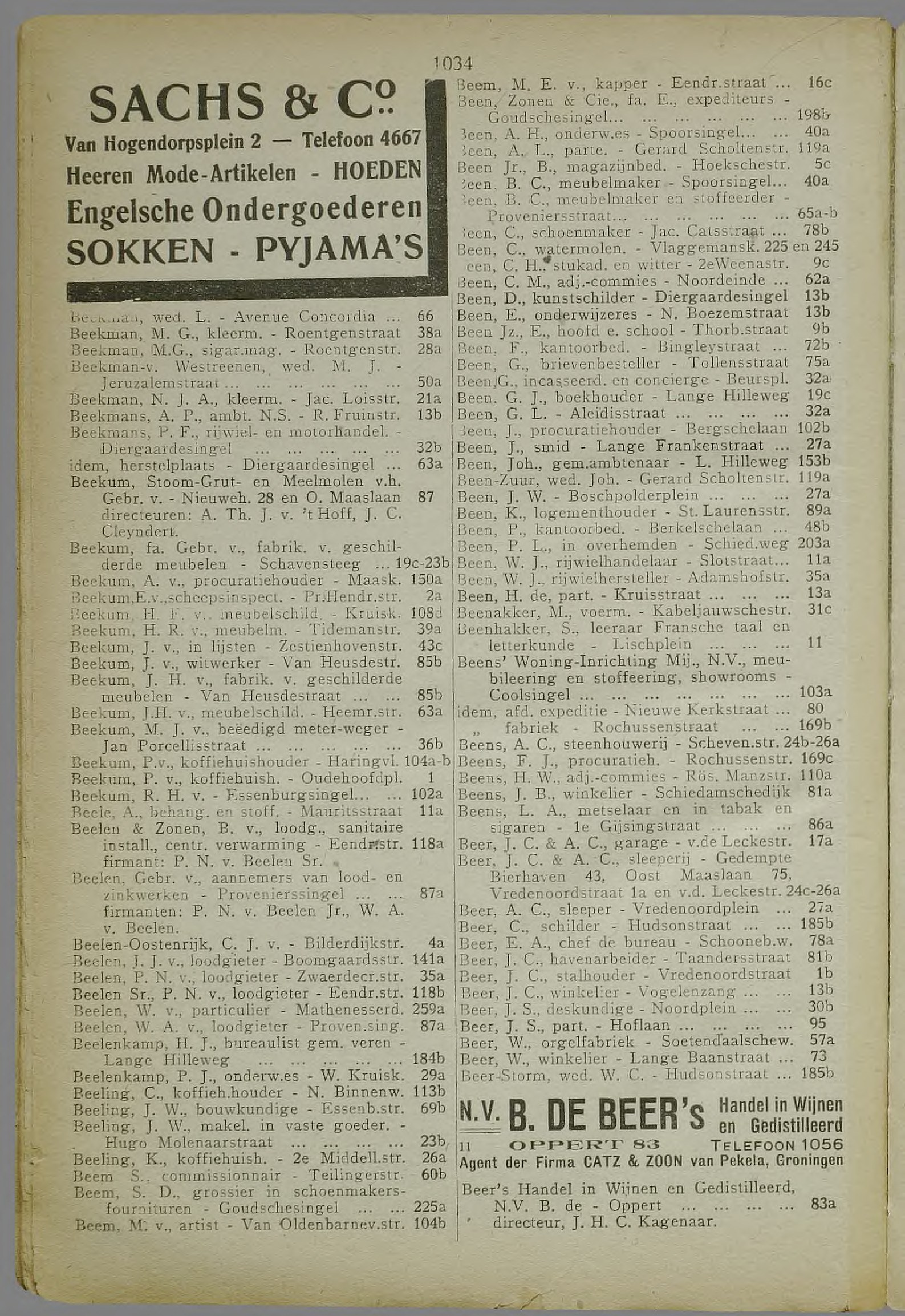 Adresboek Rotterdam 1927 — Alfabetische naamlijst (Bee-), Beens at Rochussenstraat 169, 3023-71 p.1034 blad 560