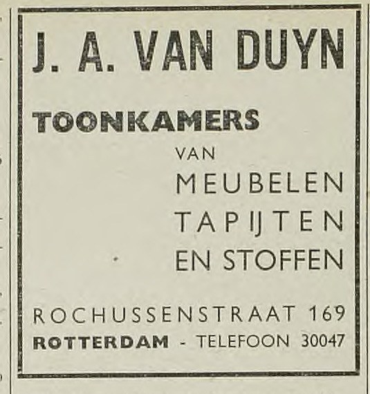 J. A. van Duyn display advertisement, Rotterdam adresboek 1939 p.158