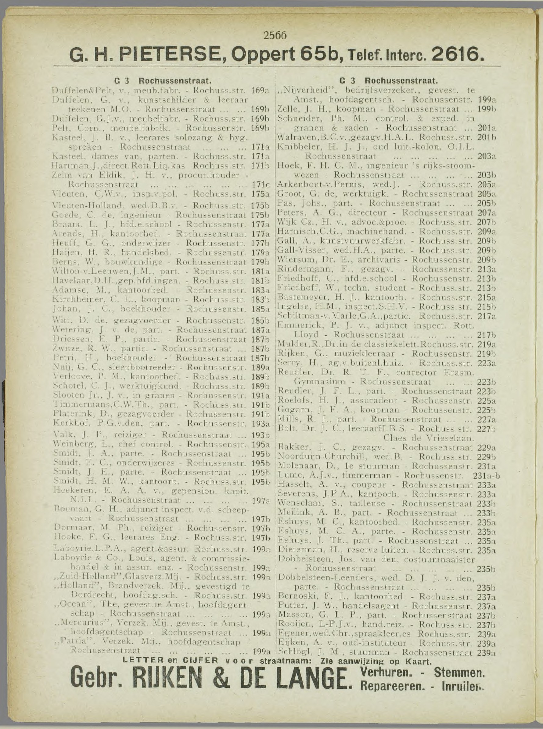 Rotterdam adresboek 1913 (NL-RtSA 3023-57), blad 1862, p.2566 — Rochussenstraat