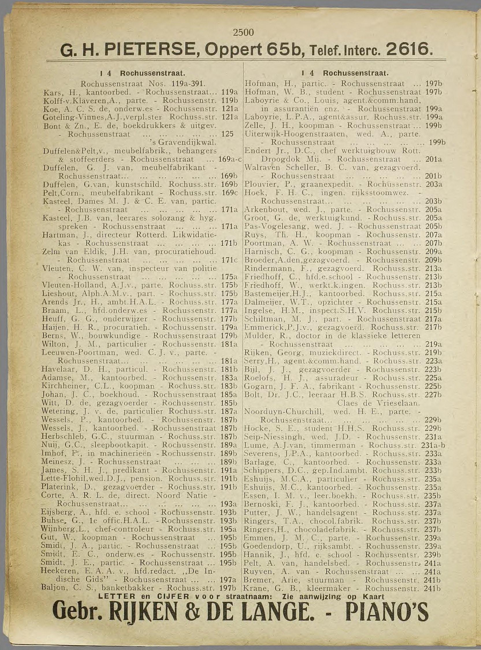Rotterdam adresboek 1916 (NL-RtSA 3023-60), blad 1758, p.2500 — Rochussenstraat