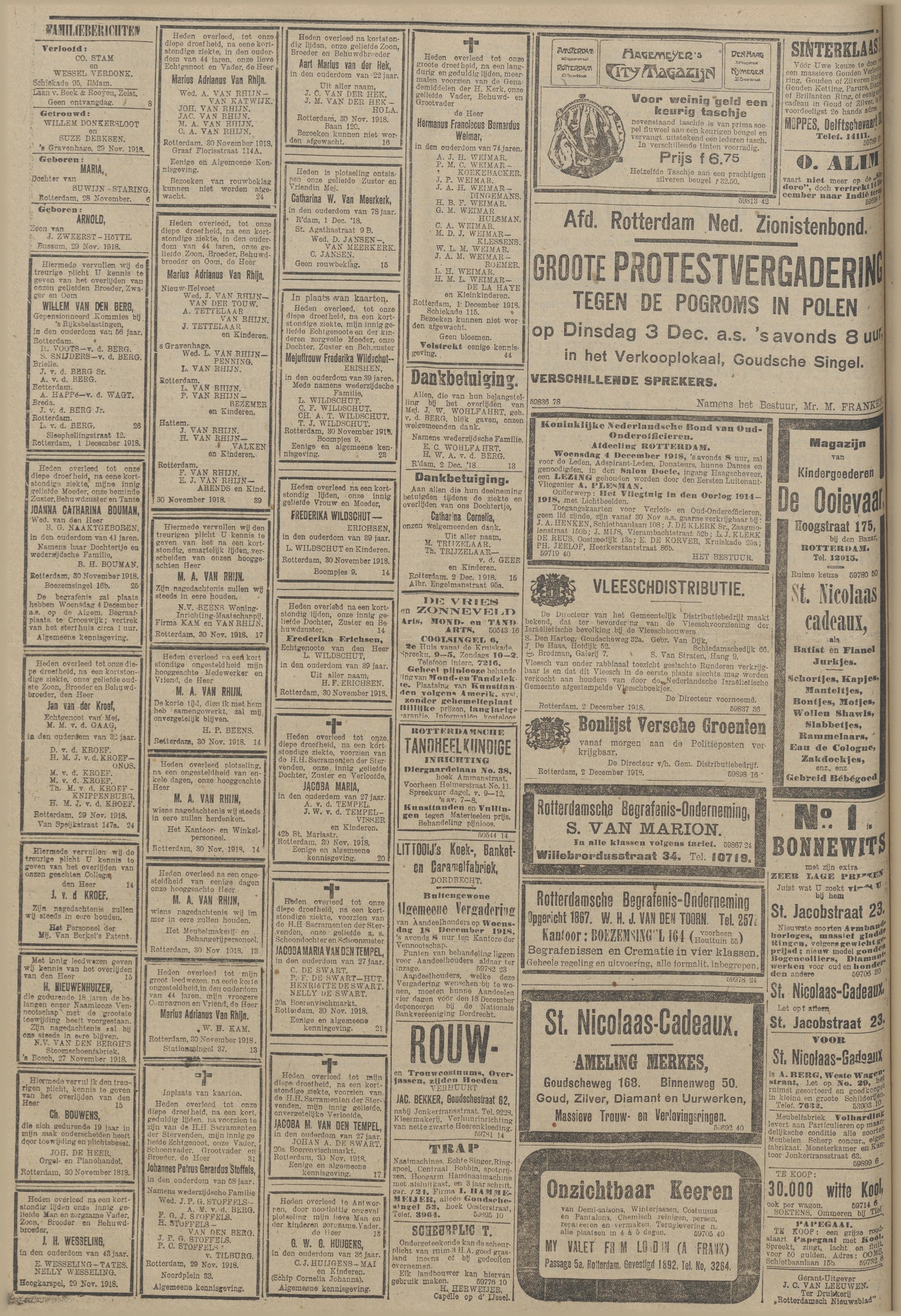 Avviso commemorativo per M. A. van Rhijn — a firma congiunta della N.V. Beens' Woning-Inrichting-Maatschappij e della Firma Kam en Van Rhijn (RN, 30 nov 1918)