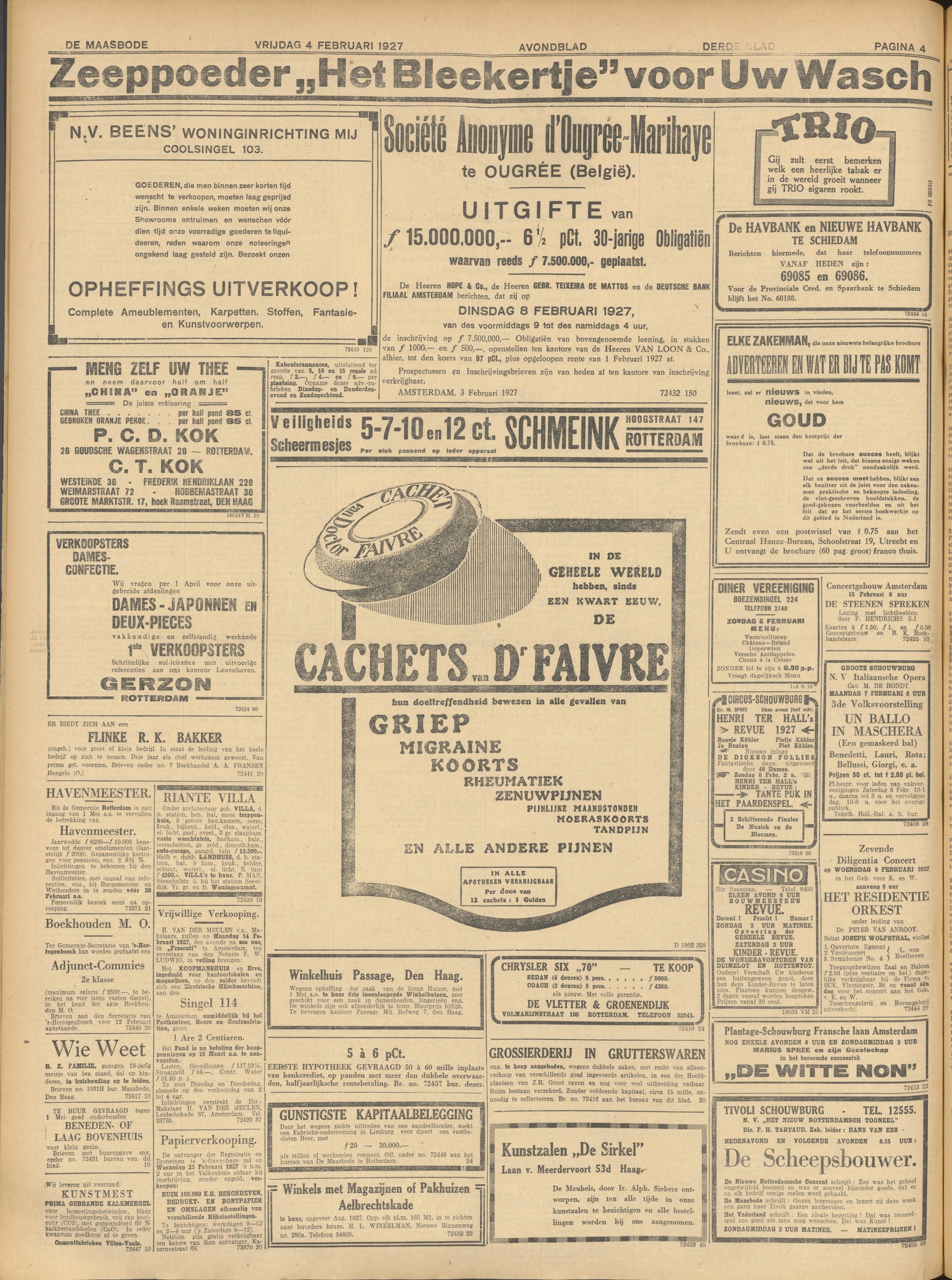 De Maasbode 04-02-1927 — 'OPHEFFINGS UITVERKOOP' N.V. Beens' Woninginrichting Mij, Coolsingel 103
