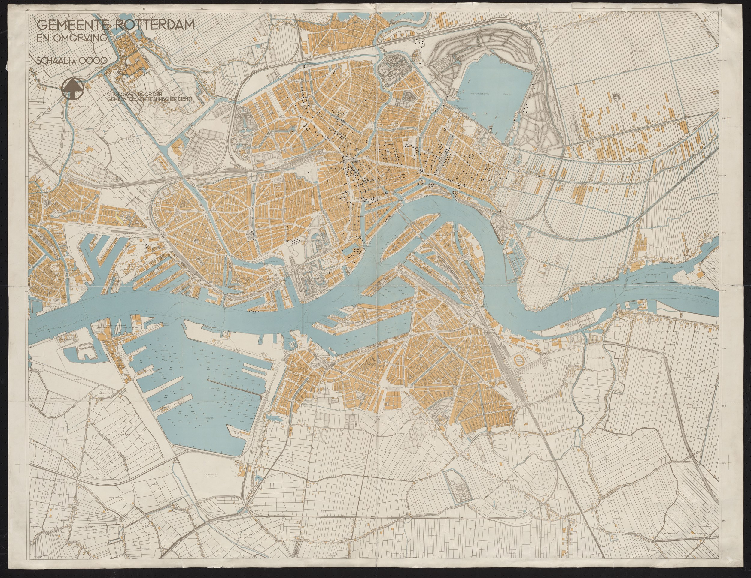 The companion 1:10000 sheet of the same 1940 survey. Over the printed plan, black dots and saltire crosses are plotted by hand in ink, scattered singly and in loose clusters across the city and its suburbs.…