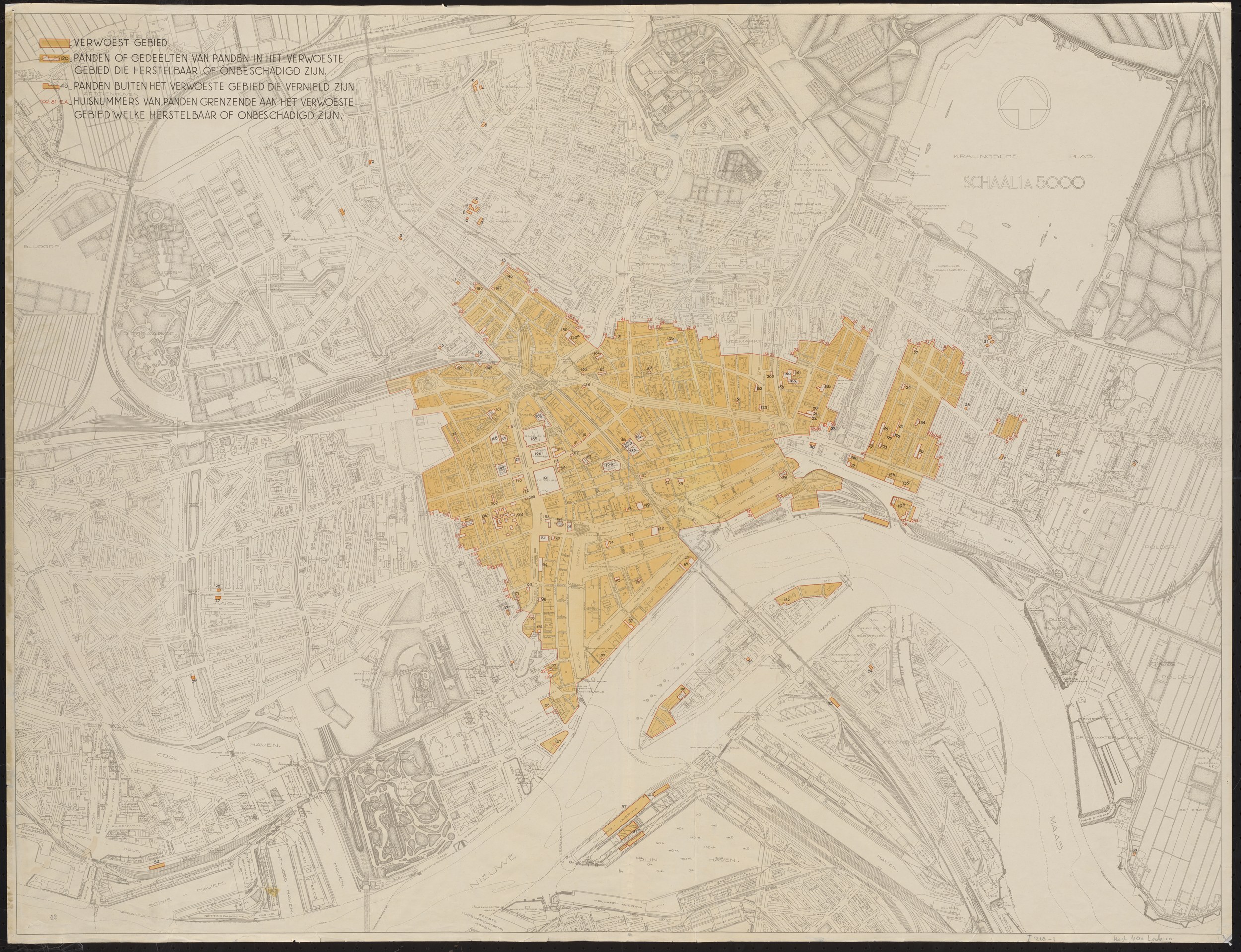 Bommenkaart 1940, sheet I-210-1A (1:5000) — Stadsarchief Rotterdam