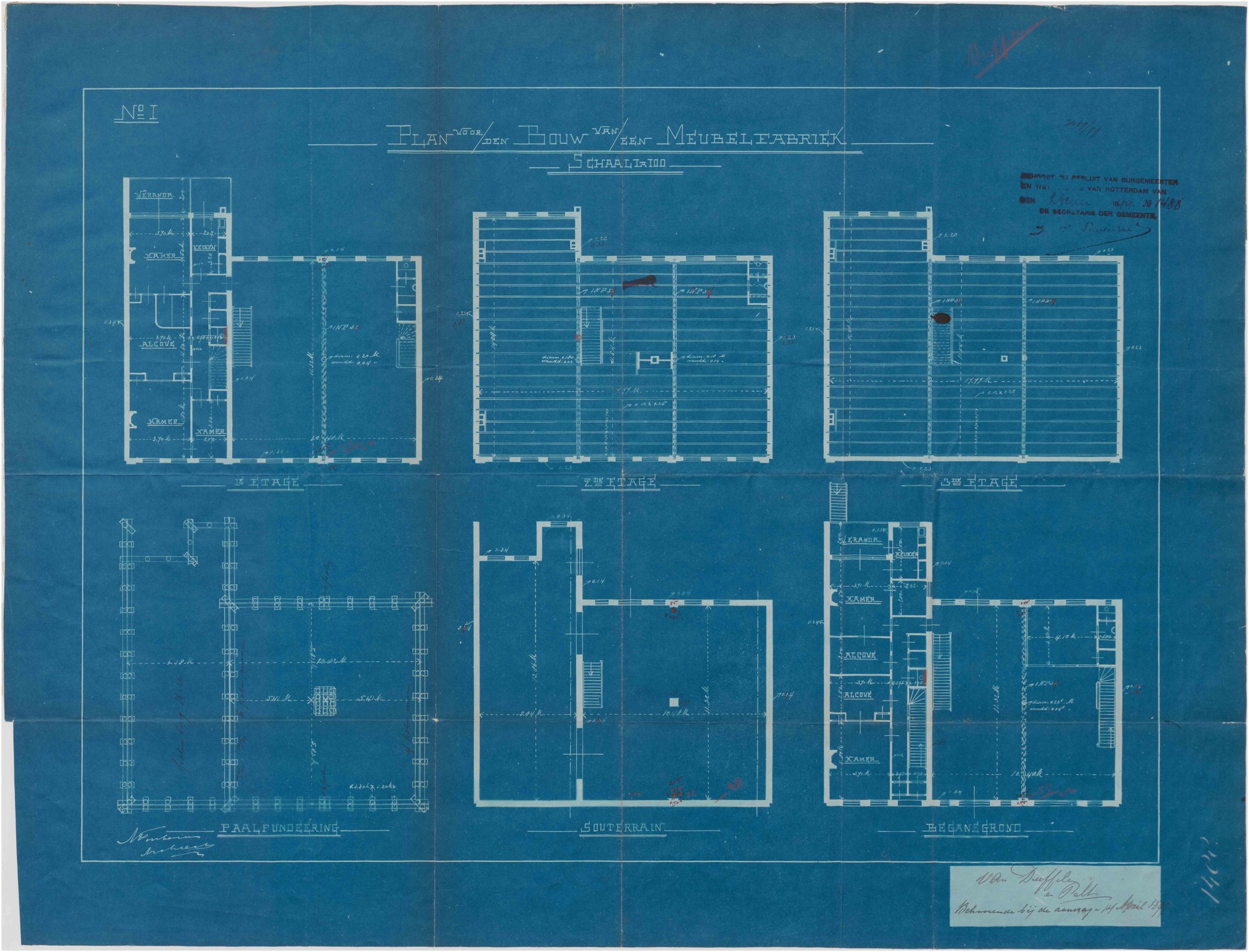 Drawing Nº I sets out the plan of every level: top row the three upper floors (1e/2e/3e etage) — the upper stages read as open warehouse/workshop floors spanned by iron beams (the INP 32 / INP 36 girders are…
