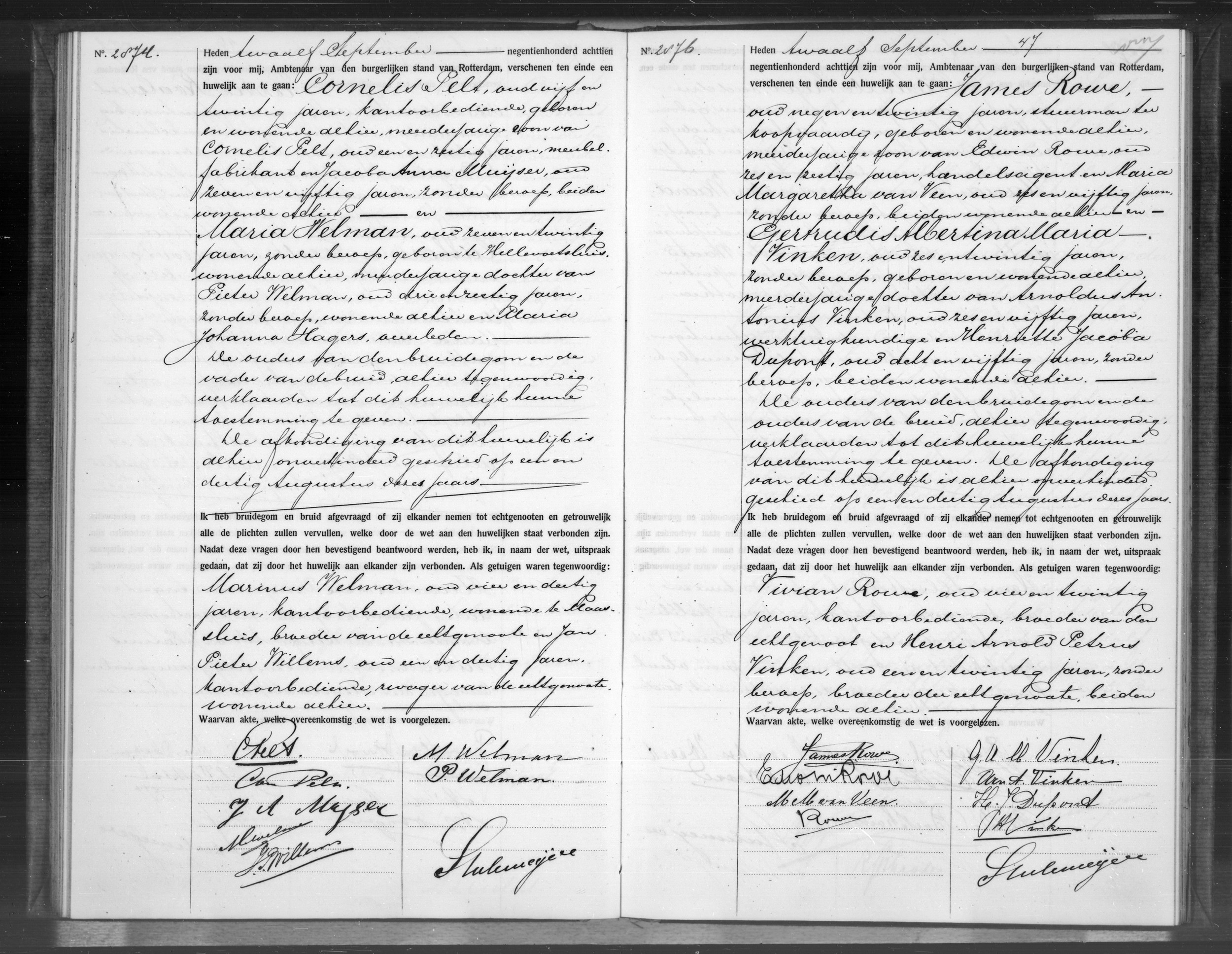 Open Archieven — huwelijksakte Cornelis 'Cees' Pelt × Maria Welman, Rotterdam 12 Sep 1918 (akte 647)