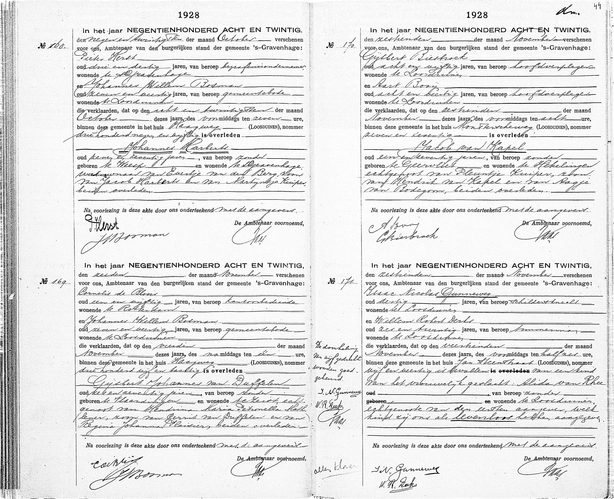 Death act of Gijsbert Johannes van Duffelen, 's-Gravenhage