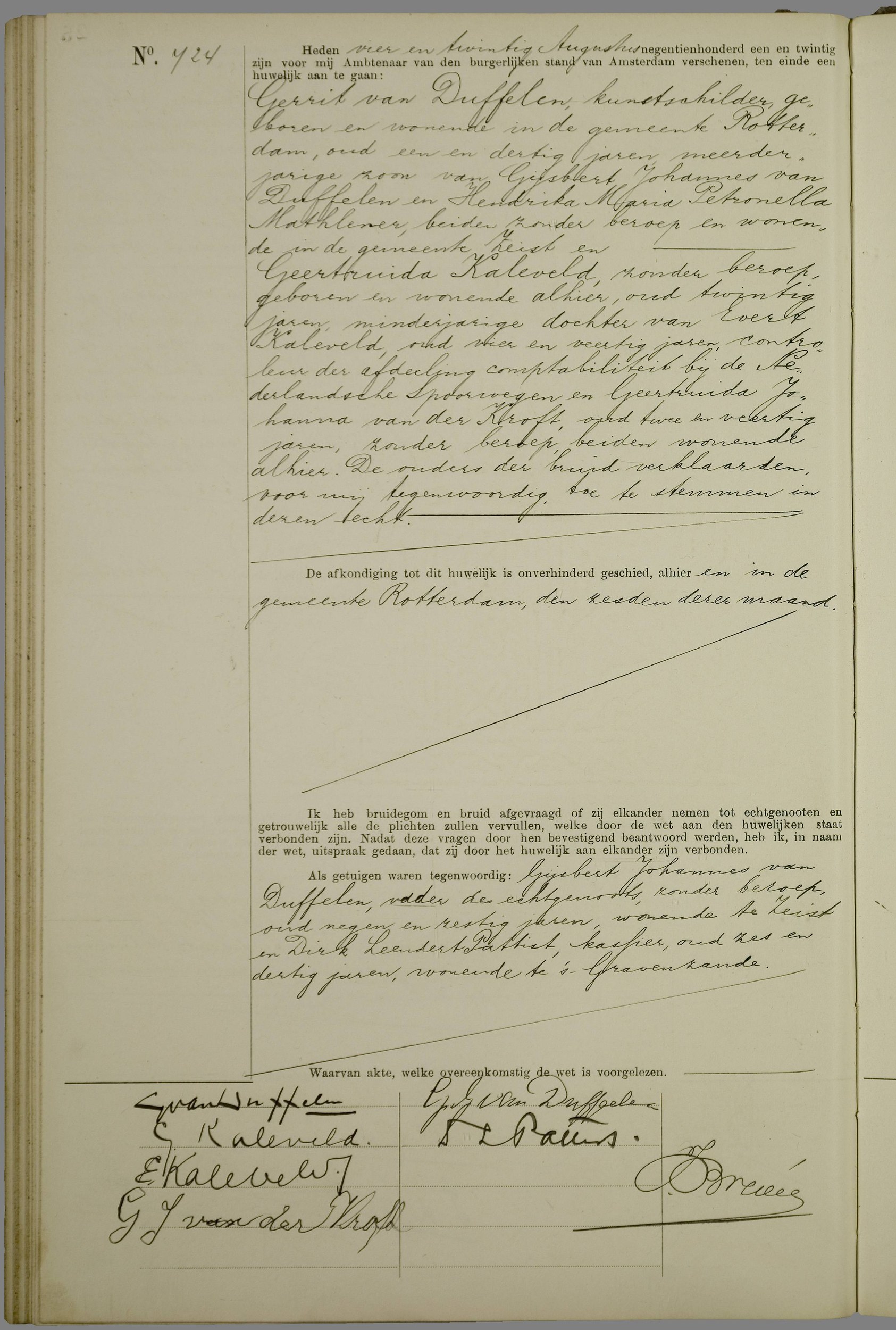 This is the marriage act of the painter **Gerrit van Duffelen** (styled *kunstschilder*) to **Geertruida Kaleveld** at Amsterdam on **24 August 1921** — matching the registry (`Gerrit van Duffelen`, "m.