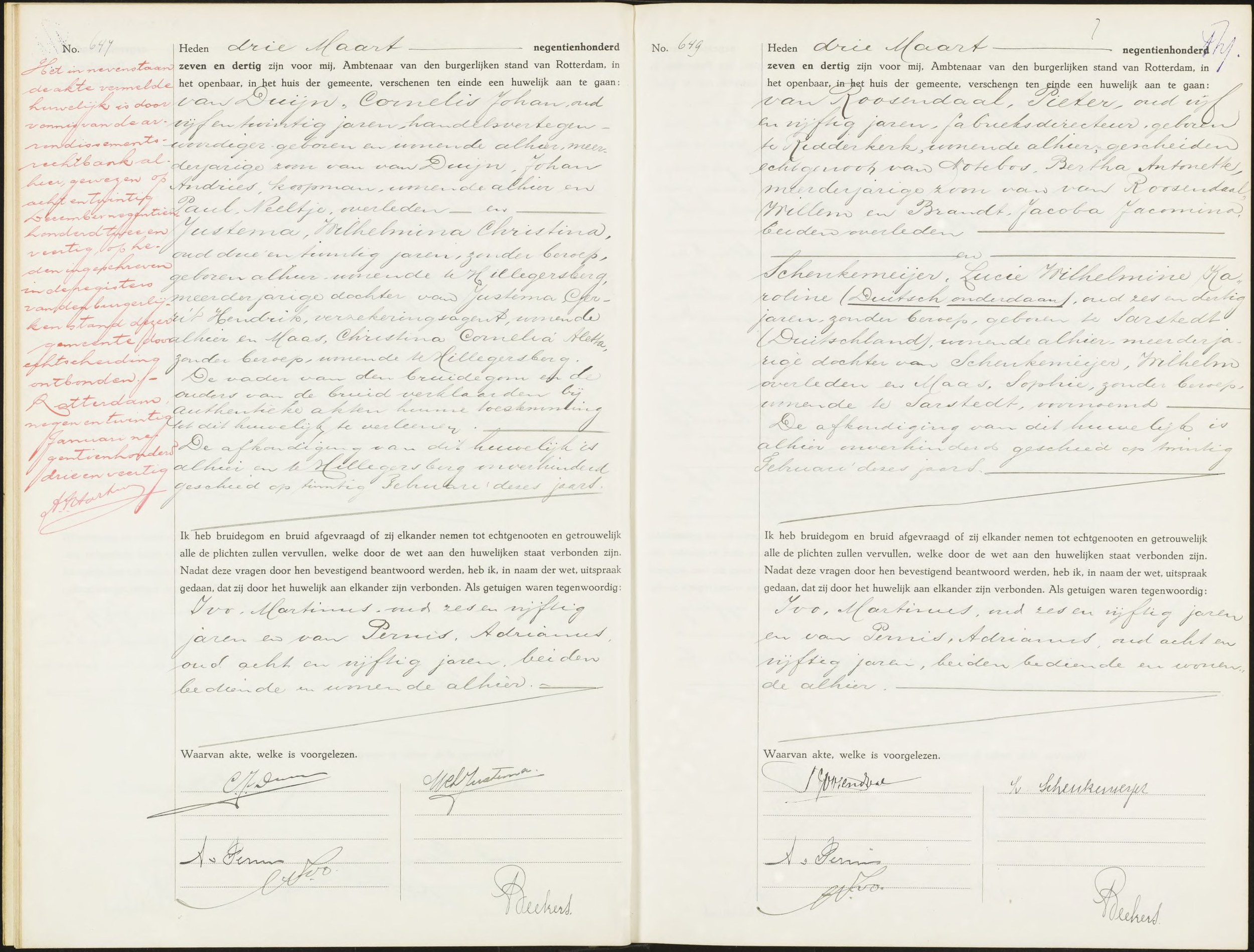 BS Rotterdam huwelijk 03-03-1937 — Cornelis Johan van Duijn x Wilhelmina Christina Justema