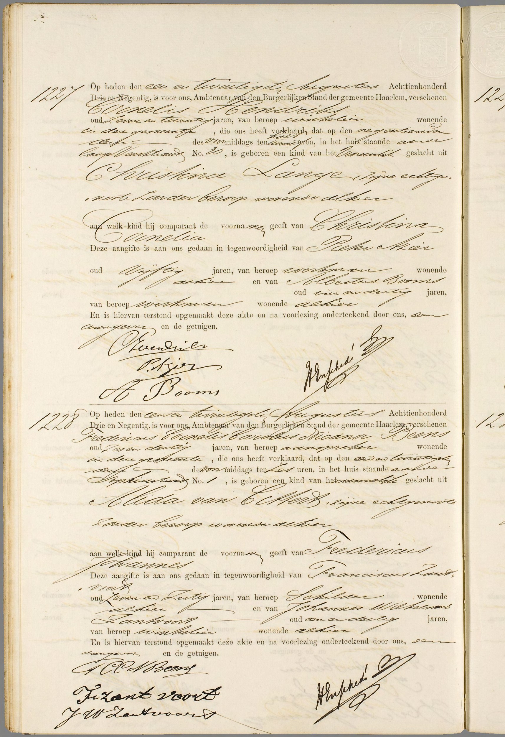 This is the civil birth act of **Fredericus Johannes Beens** (Fredericus Johannes Beens), the younger-firm-name-bearing Beens brother, born **21 Aug 1893 at 6 a.m., Sophiastraat No.