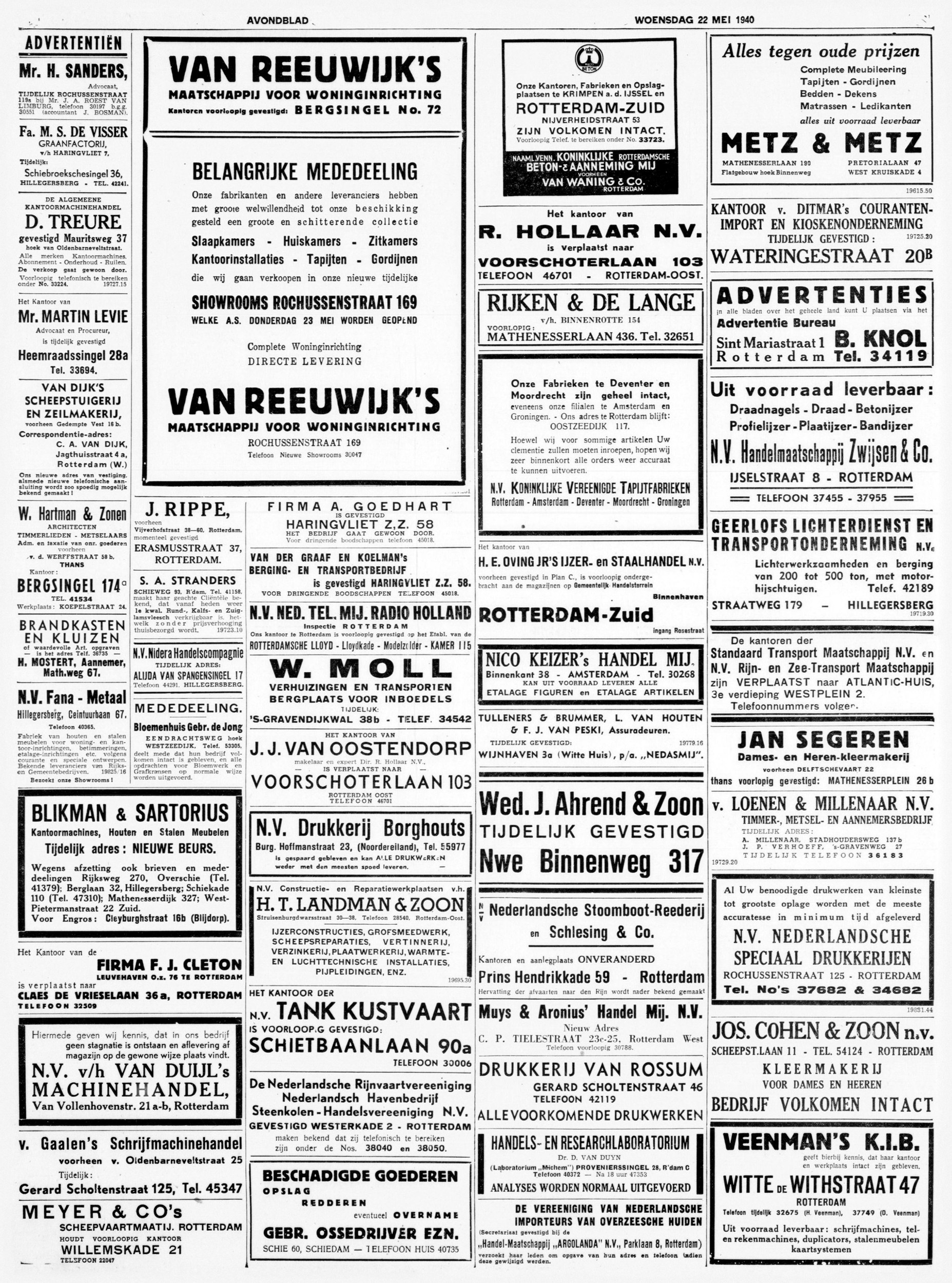 De Maasbode, 22 May 1940, evening ed. (advertising page with Van Reeuwijk temporary-showrooms notice)