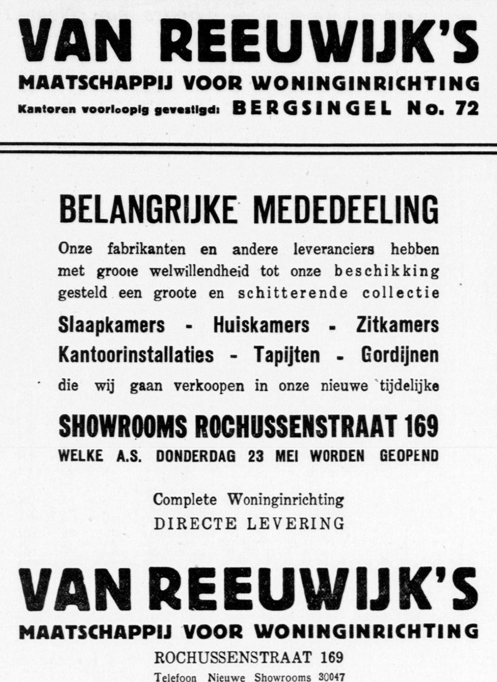 Van Reeuwijk's Mij. voor Woninginrichting - temporary showrooms Rochussenstraat 169 (advertisement, May 1940)