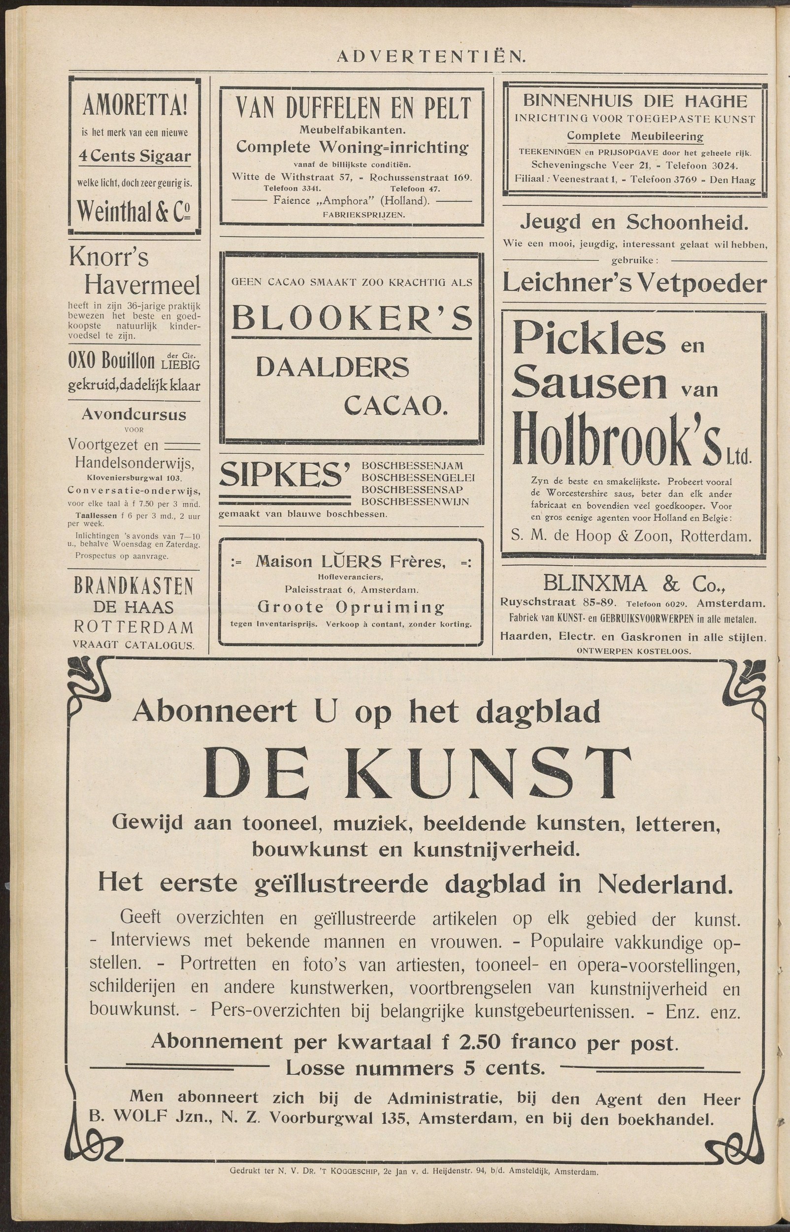 De kunst (geïll. dagblad) 6 Mar 1909 no.53 p.4 — Van Duffelen en Pelt advertisement (Rochussenstraat 169 + Witte de Withstraat 57, tel 3341/47, Amphora faience)