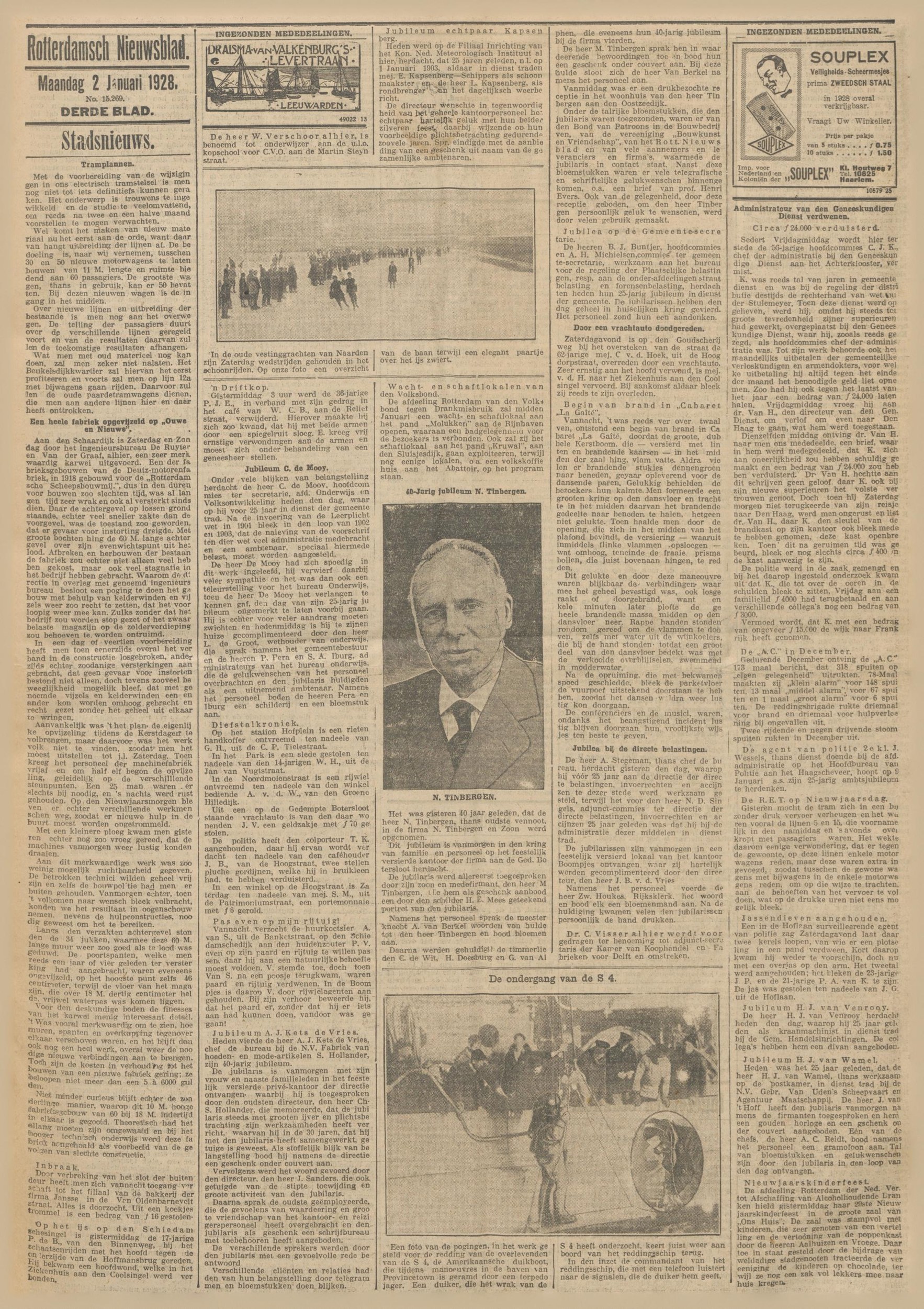 Rotterdamsch Nieuwsblad 02-01-1928 — '40-jarig jubileum N. Tinbergen' (Bouwkunst en Vriendschap floral tribute)