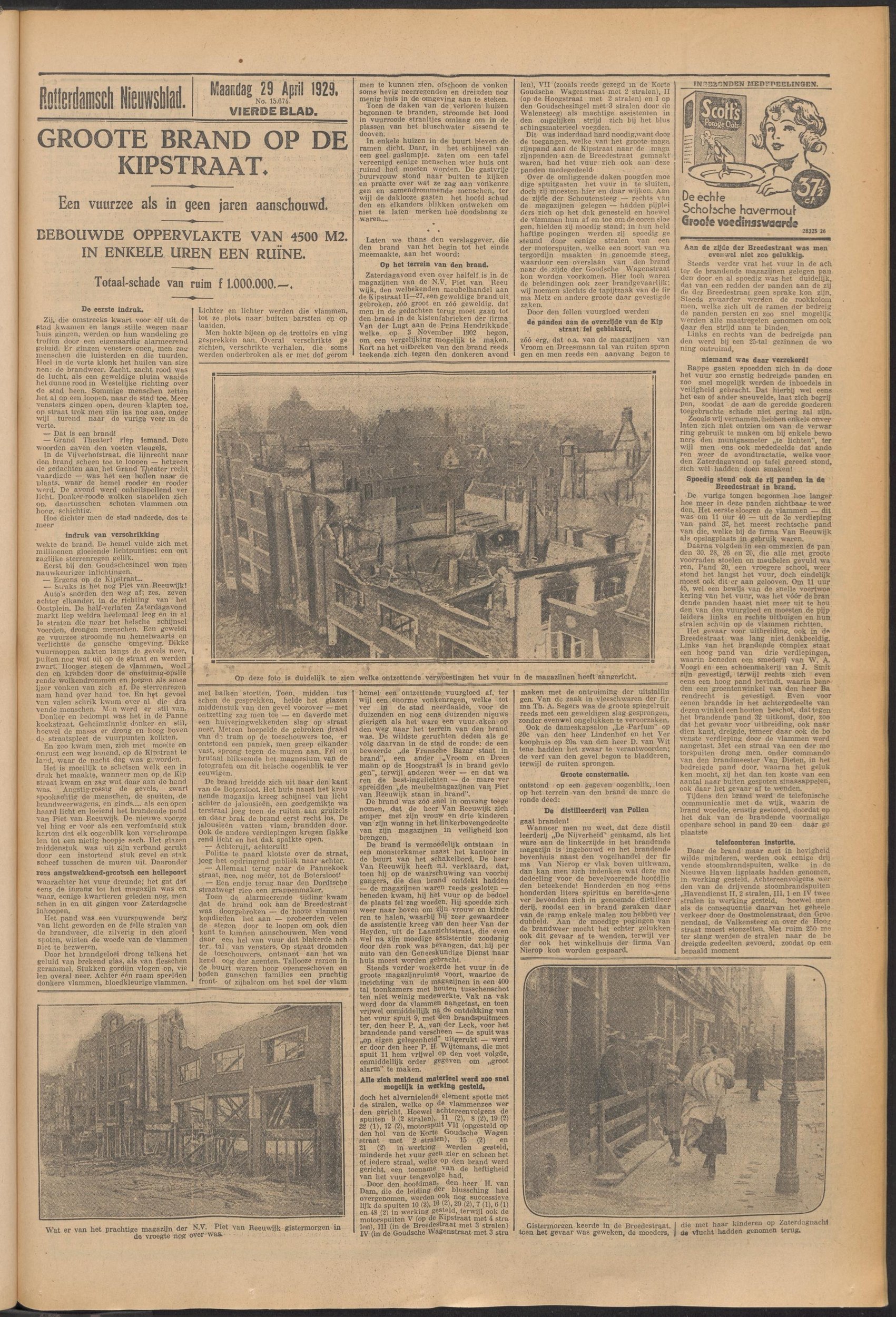 Rotterdamsch Nieuwsblad 29-04-1929 — 'Groote brand op de Kipstraat' (van Reeuwijk meubelmagazijnen destroyed)