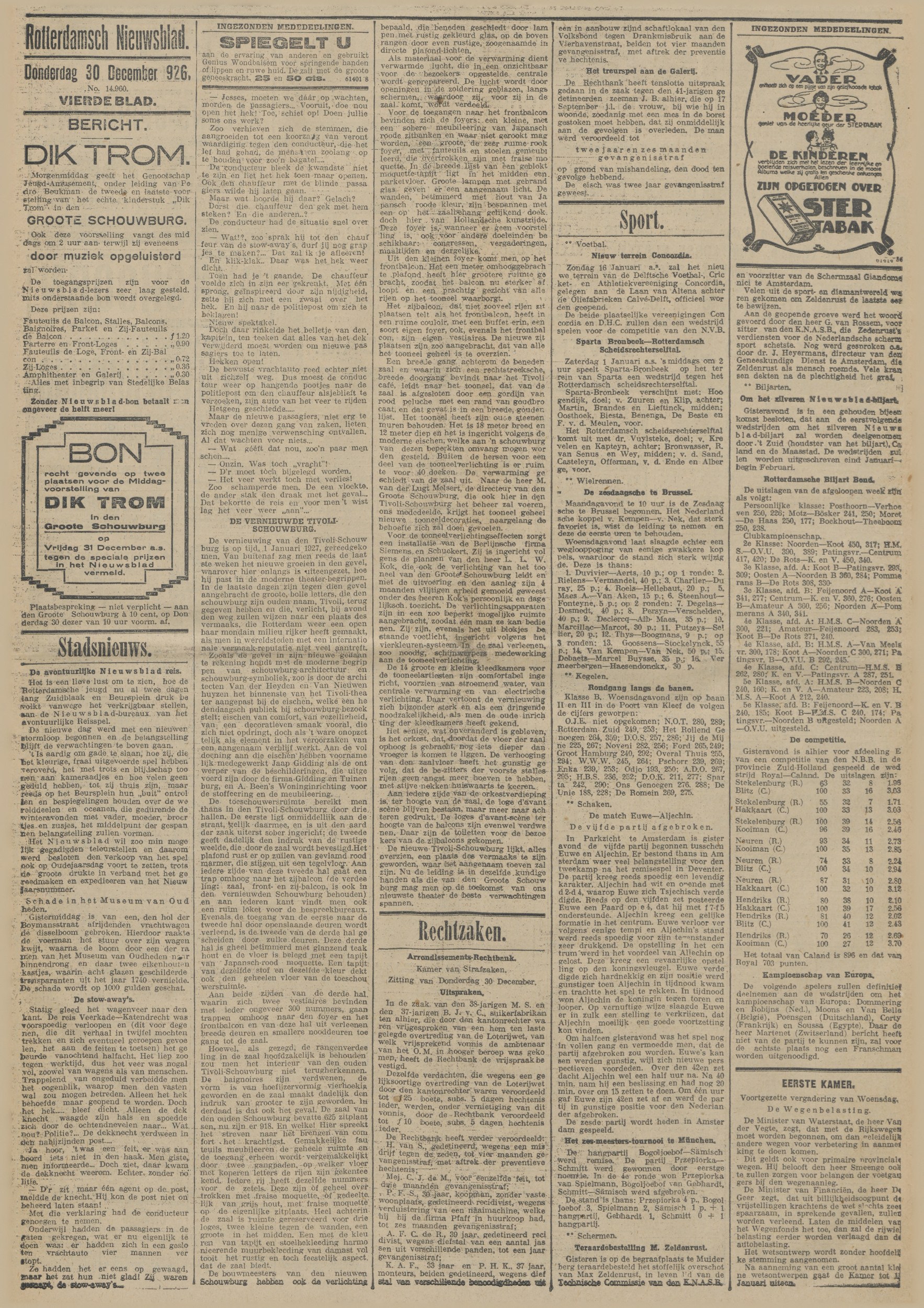 Rotterdamsch Nieuwsblad, 30 December 1926 — rebuilt Tivoli theatre furnished by A. Been's Woninginrichting