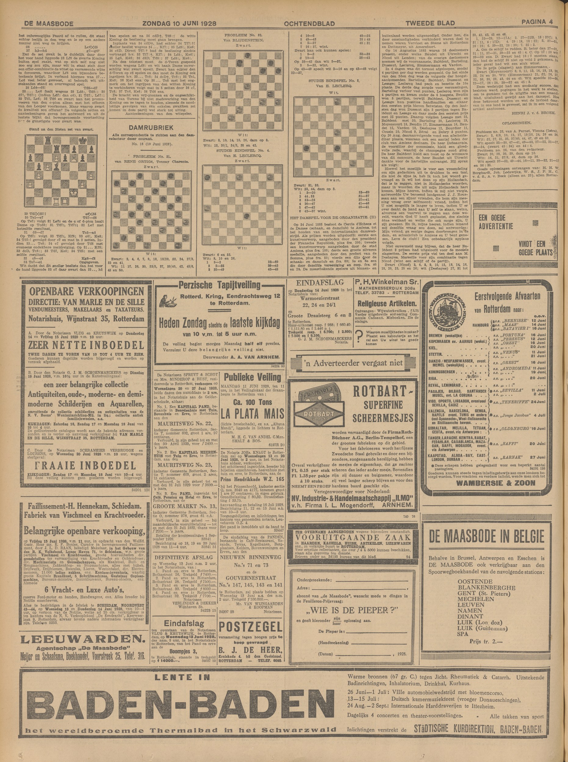 De Maasbode, 10 giugno 1928 — Beens' Woninginrichting-Mij. in liq.: avviso di asta di dipinti e antichità