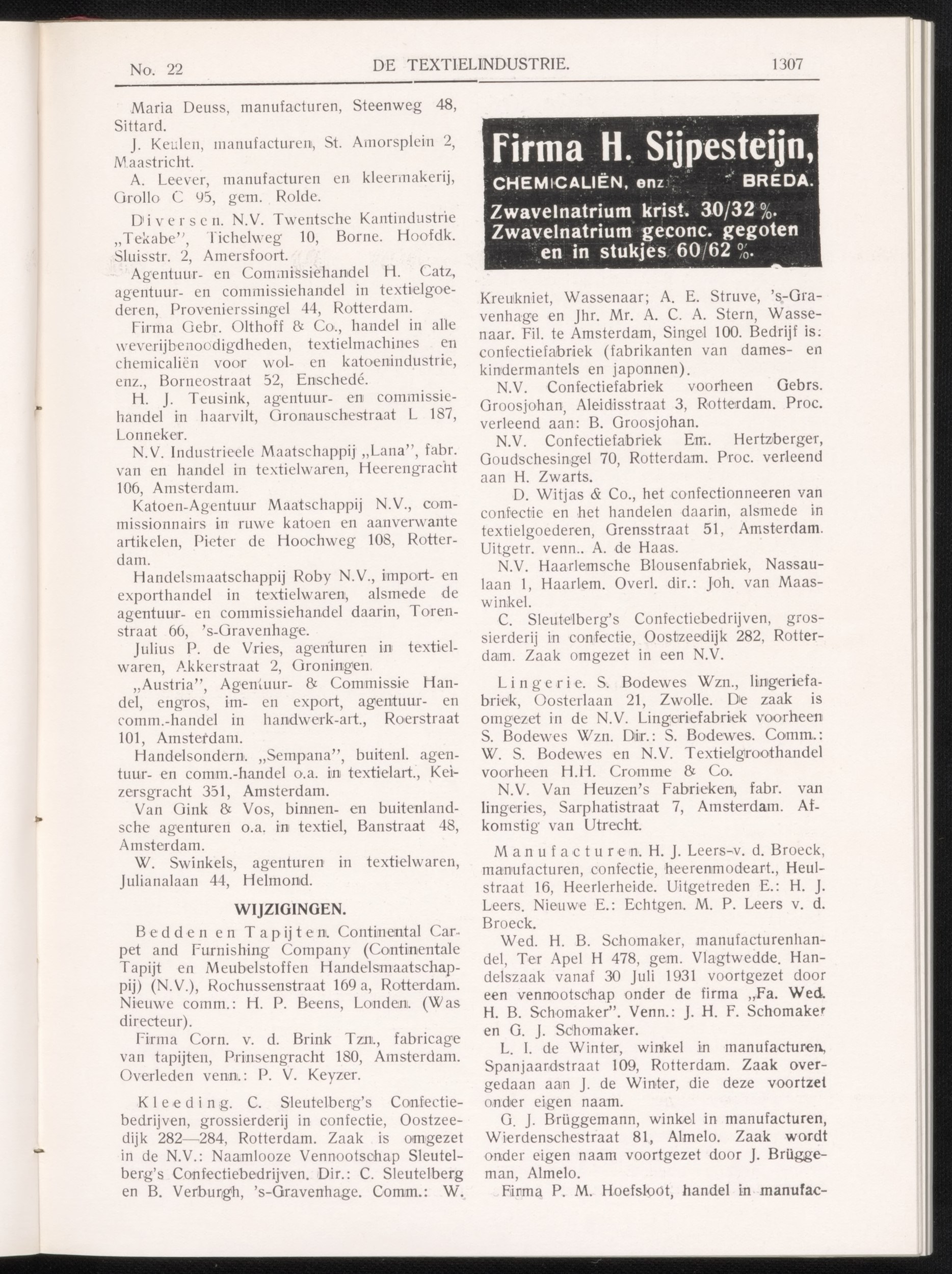 De textielindustrie page 1307, Continental Carpet officer change, 17 November 1931