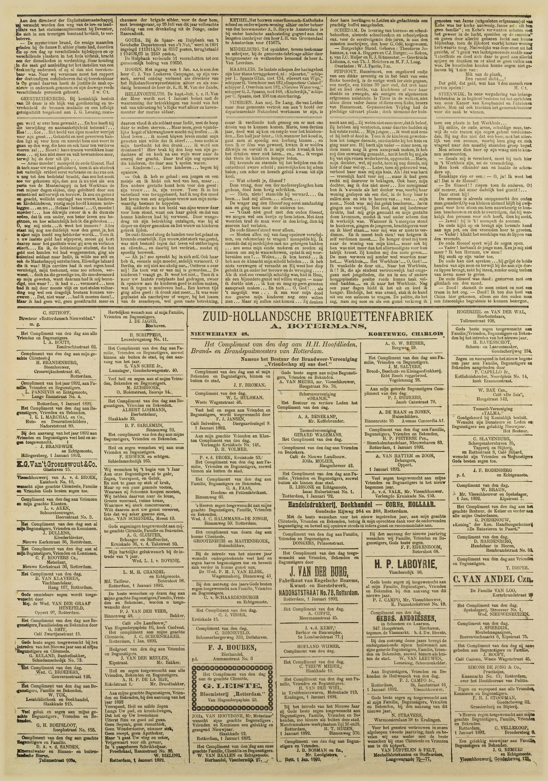 Rotterdamsch nieuwsblad, Van Duffelen & Pelt second-year greeting, 1 January 1892