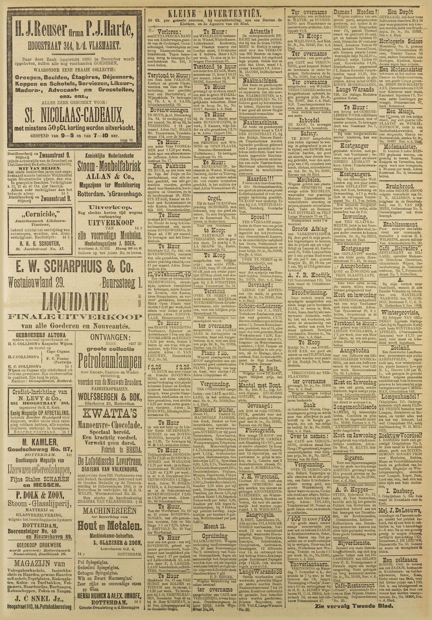 Rotterdamsch nieuwsblad, Van Duffelen & Pelt stock-clearance advertisement, 7 November 1892