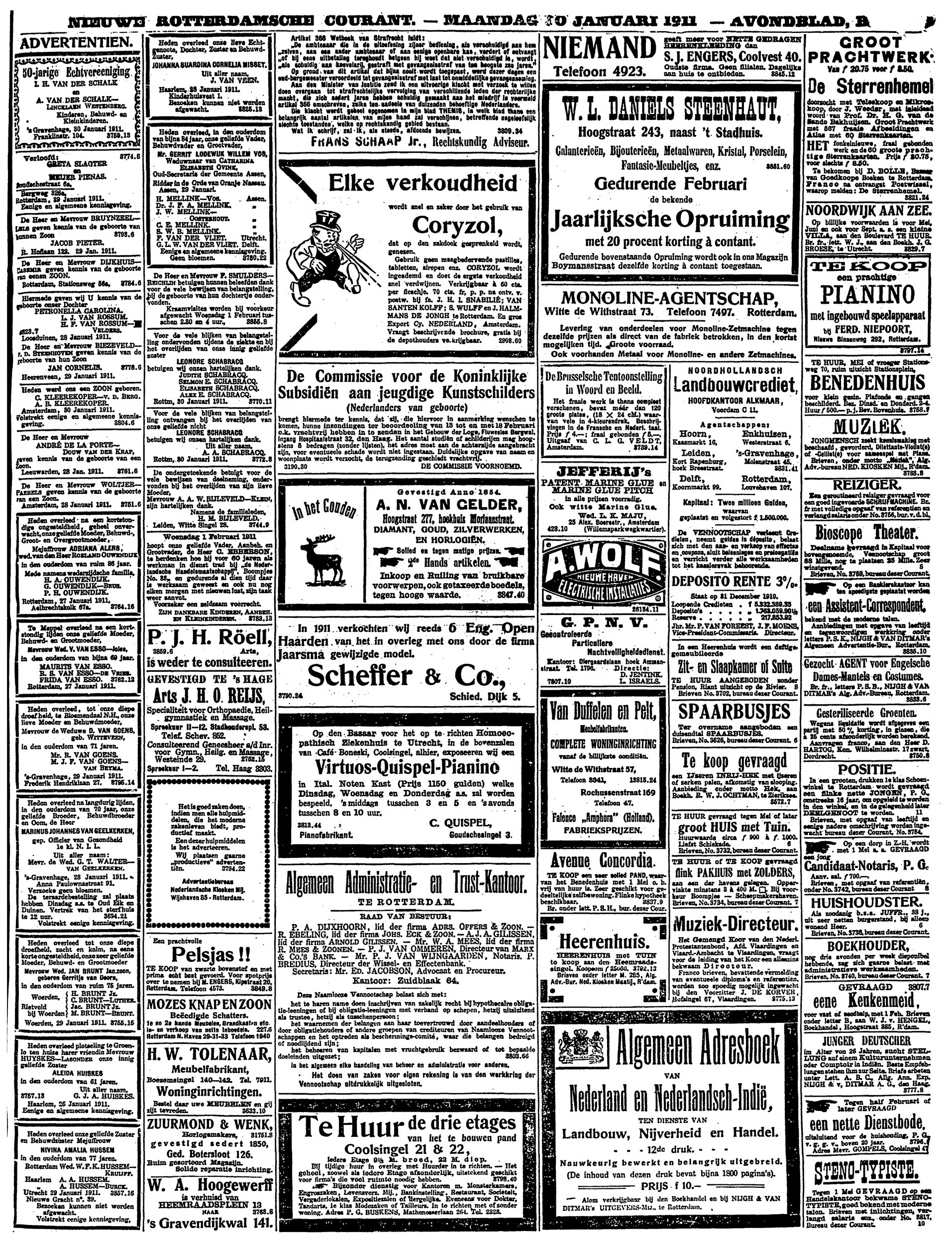 Nieuwe Rotterdamsche Courant, Van Duffelen & Pelt woninginrichting advertisement, 30 January 1911