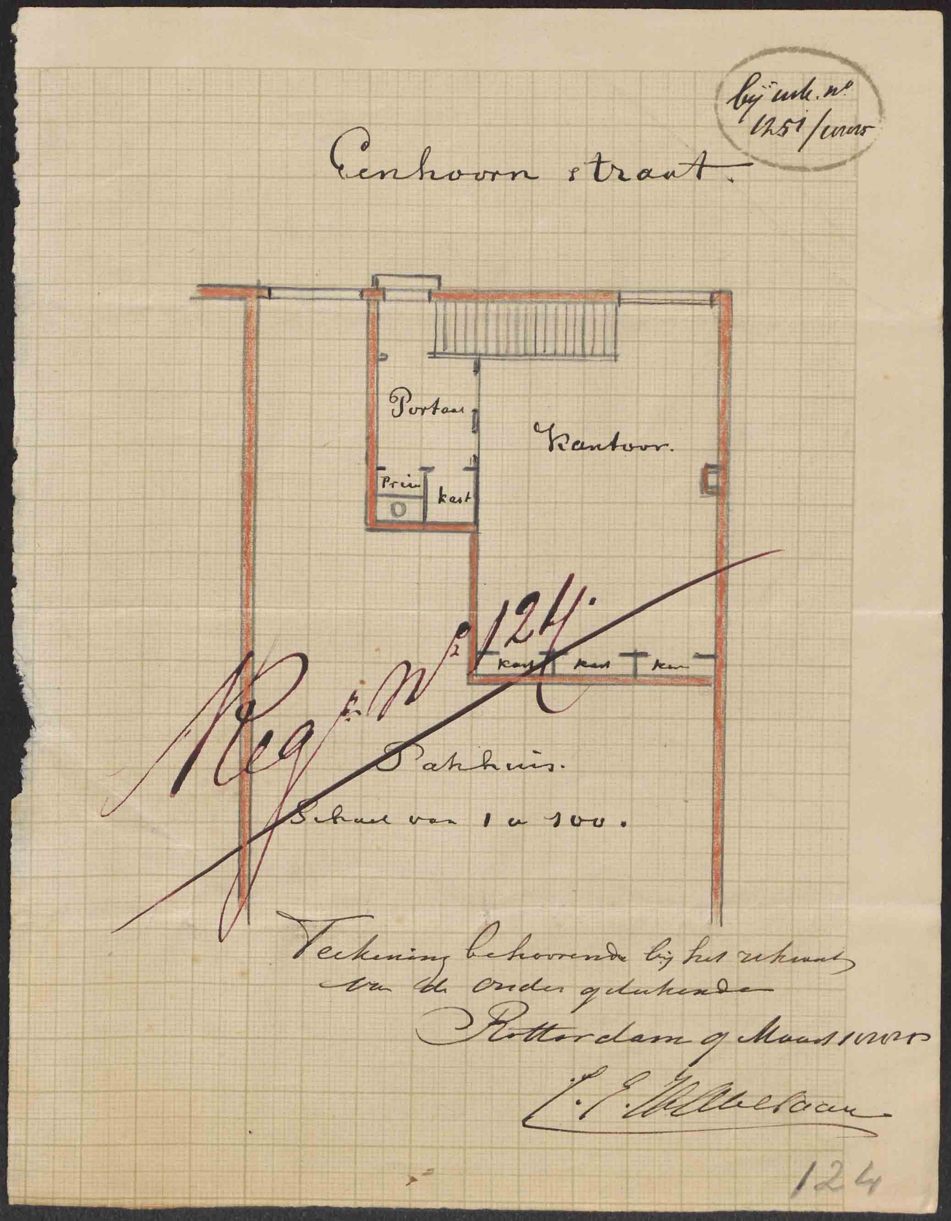 Stadsarchief Rotterdam, Bouwpolitie (396-01-02), dossier 1885-0124 — bouwvergunning + tekening 'Kantoor inrichten enz.', Eenhoornstraat 4 (1885)