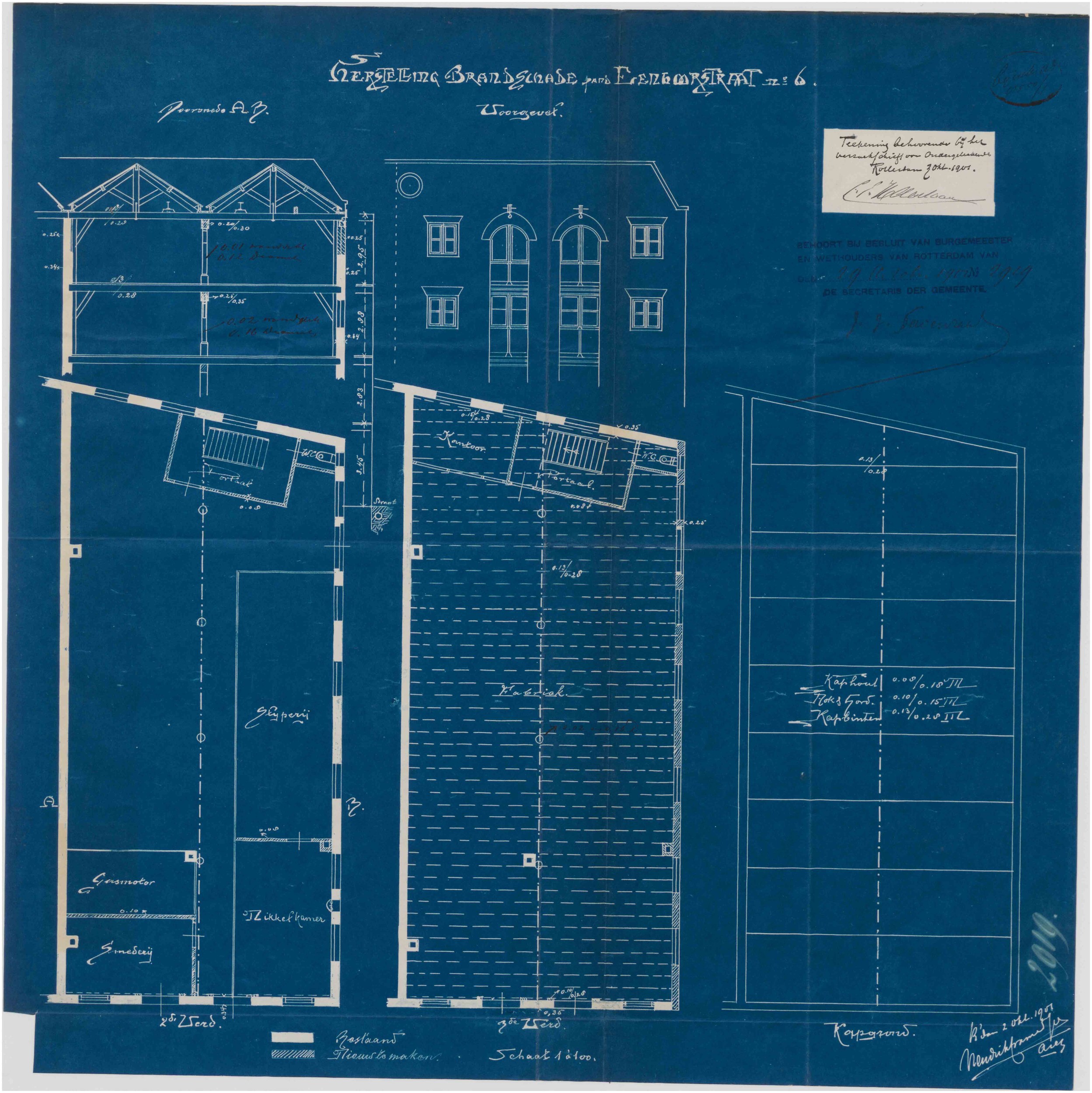 Stadsarchief Rotterdam, Bouwpolitie (396-01-04), dossier 1901-1509 — herstel brandschade + blauwdruk, Eenhoornstraat 6 (1901; architect Hendrik Cramer & Co)