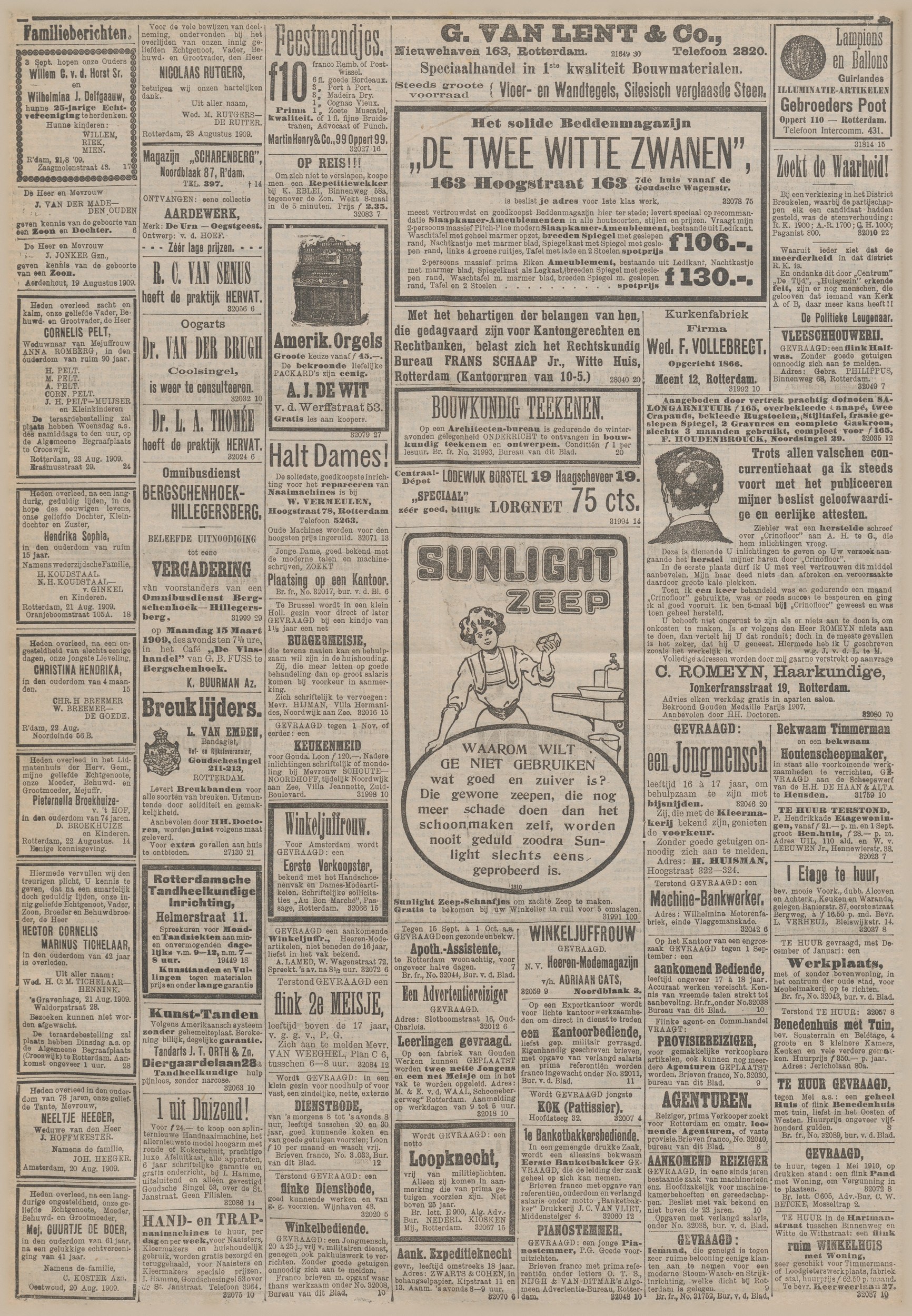 Rotterdamsch Nieuwsblad 24-08-1909 — familiebericht: death of Cornelis Pelt Sr (widower of Anna Romberg)