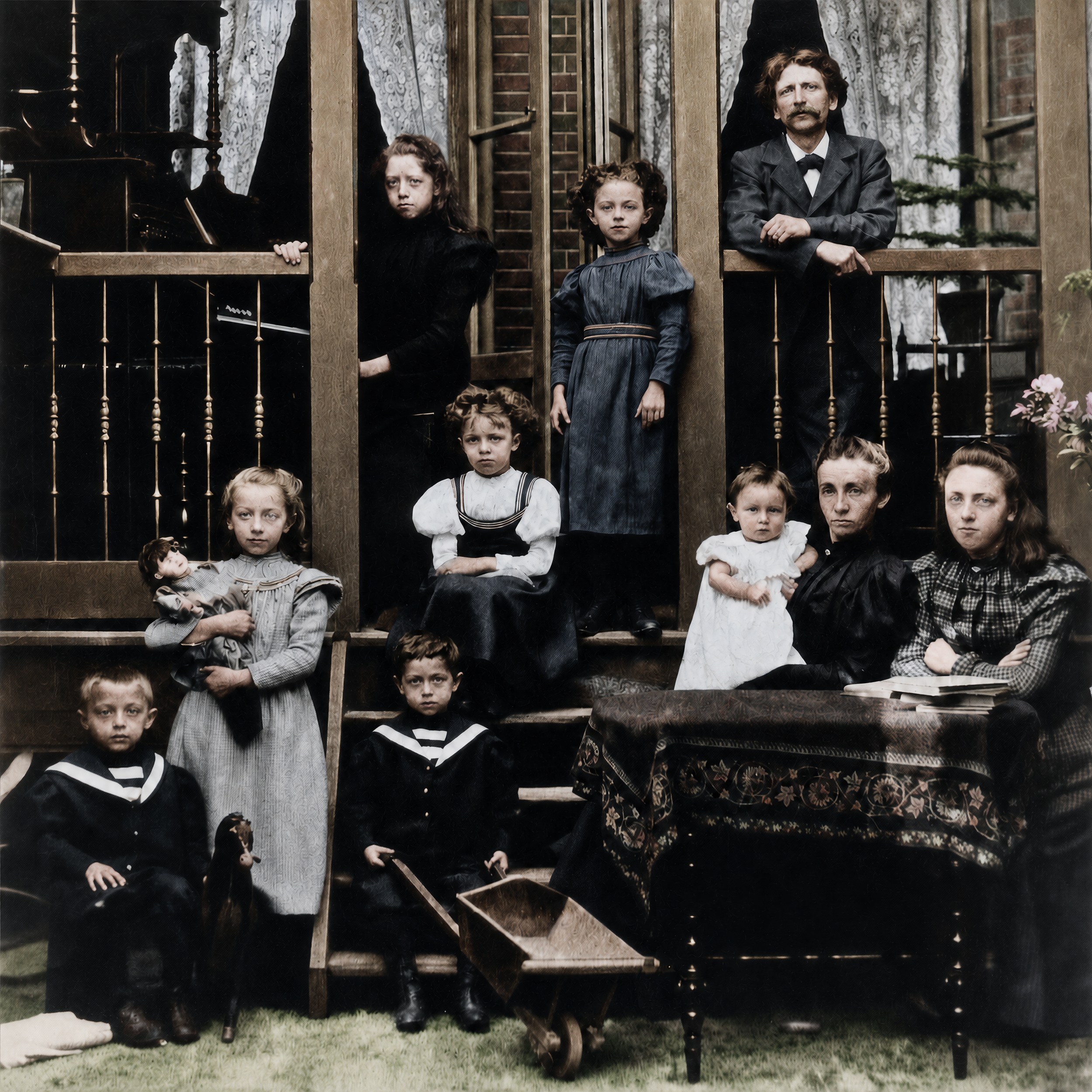 The same photograph, cleaned and colourised by an AI restoration, from the Eland-Pelt family collection.