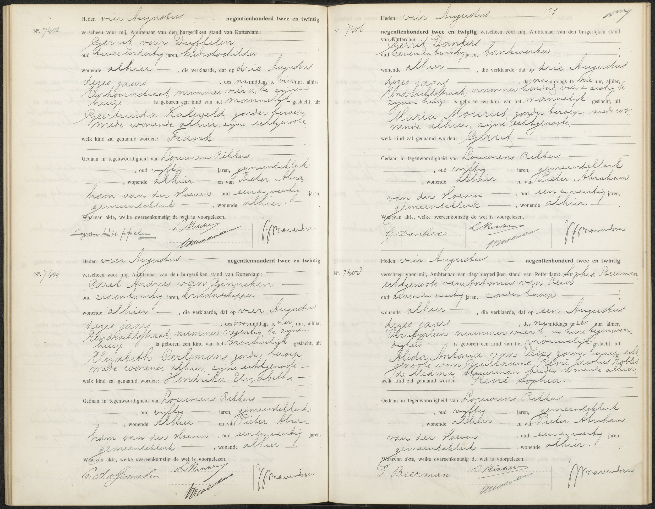 Stadsarchief Rotterdam — Birth act Frank van Duffelen (BS Geboorte 999-01-1922K, no. 7402)