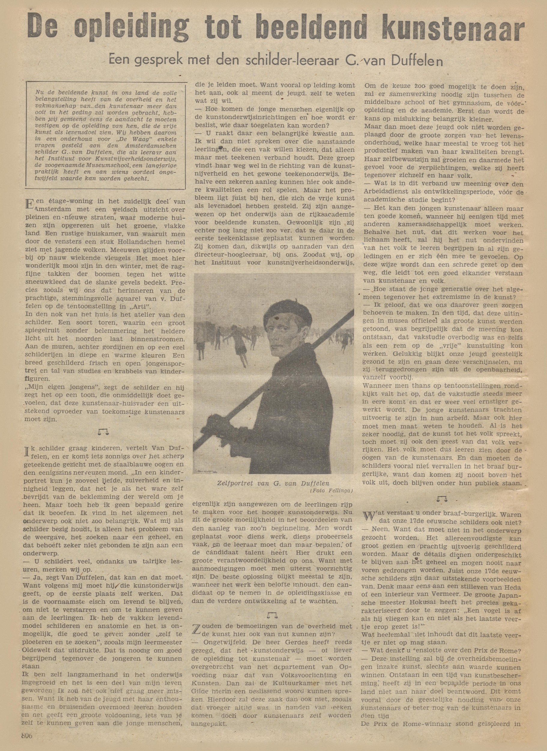 Delpher — signed interview with 'schilder-leeraar G. van Duffelen' (De Waag, 09-01-1942) [SENSITIVE: occupation-era weekly]