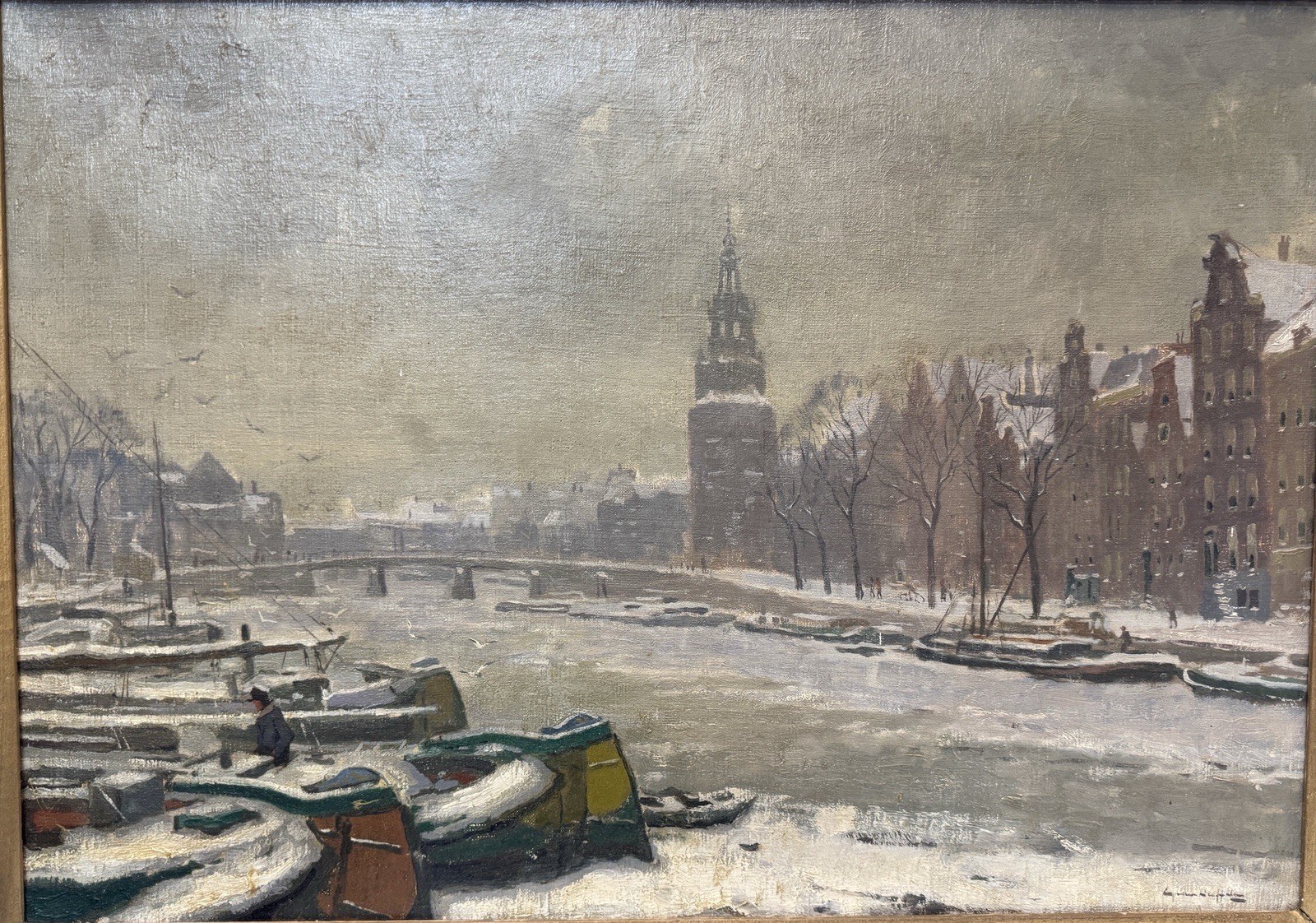 eBay 147279110731 — Gerrit van Duffelen, Amsterdam winter canal (Montelbaanstoren), oil