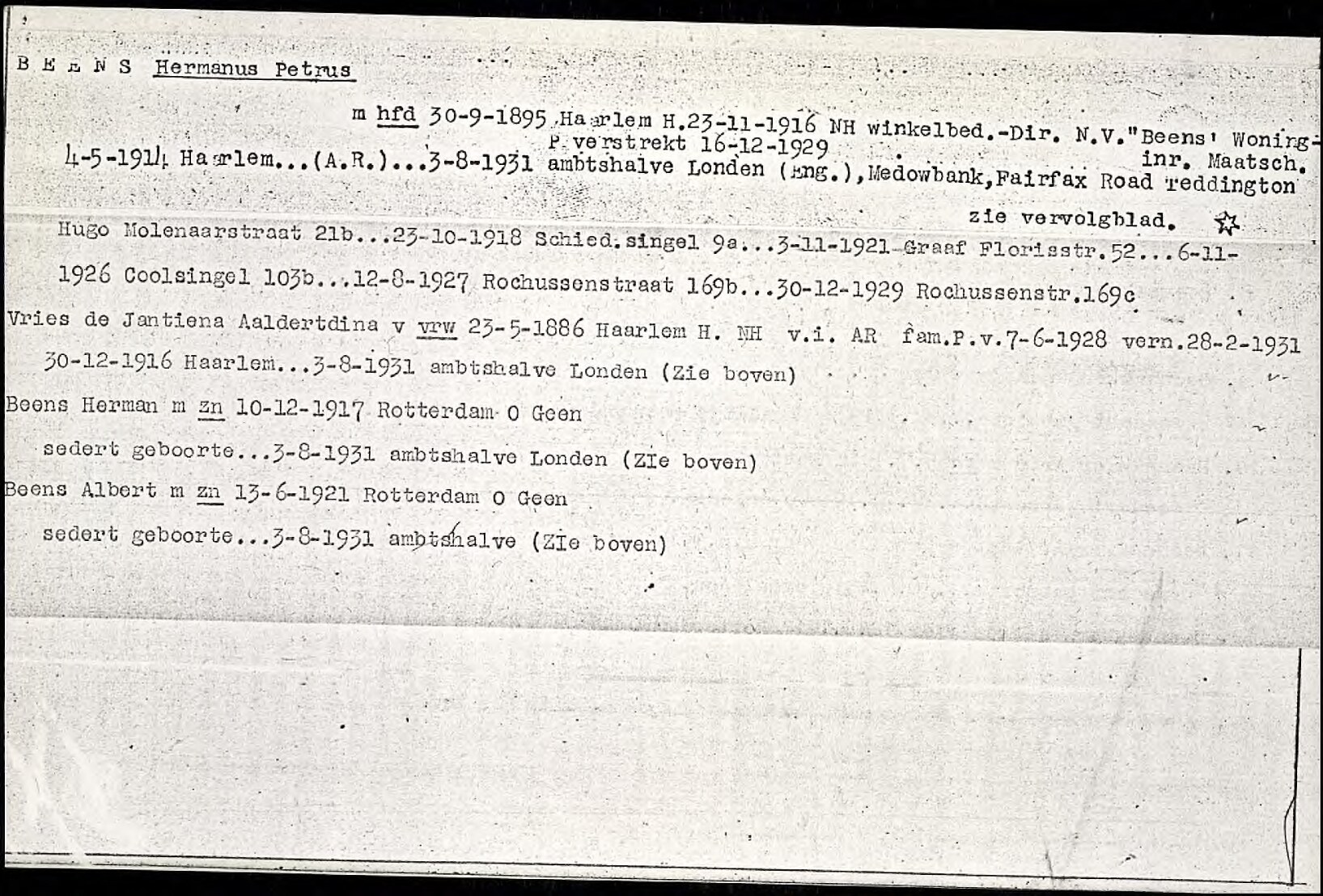 Gezinskaart Hermanus Petrus Beens — recto (typed continuation card)