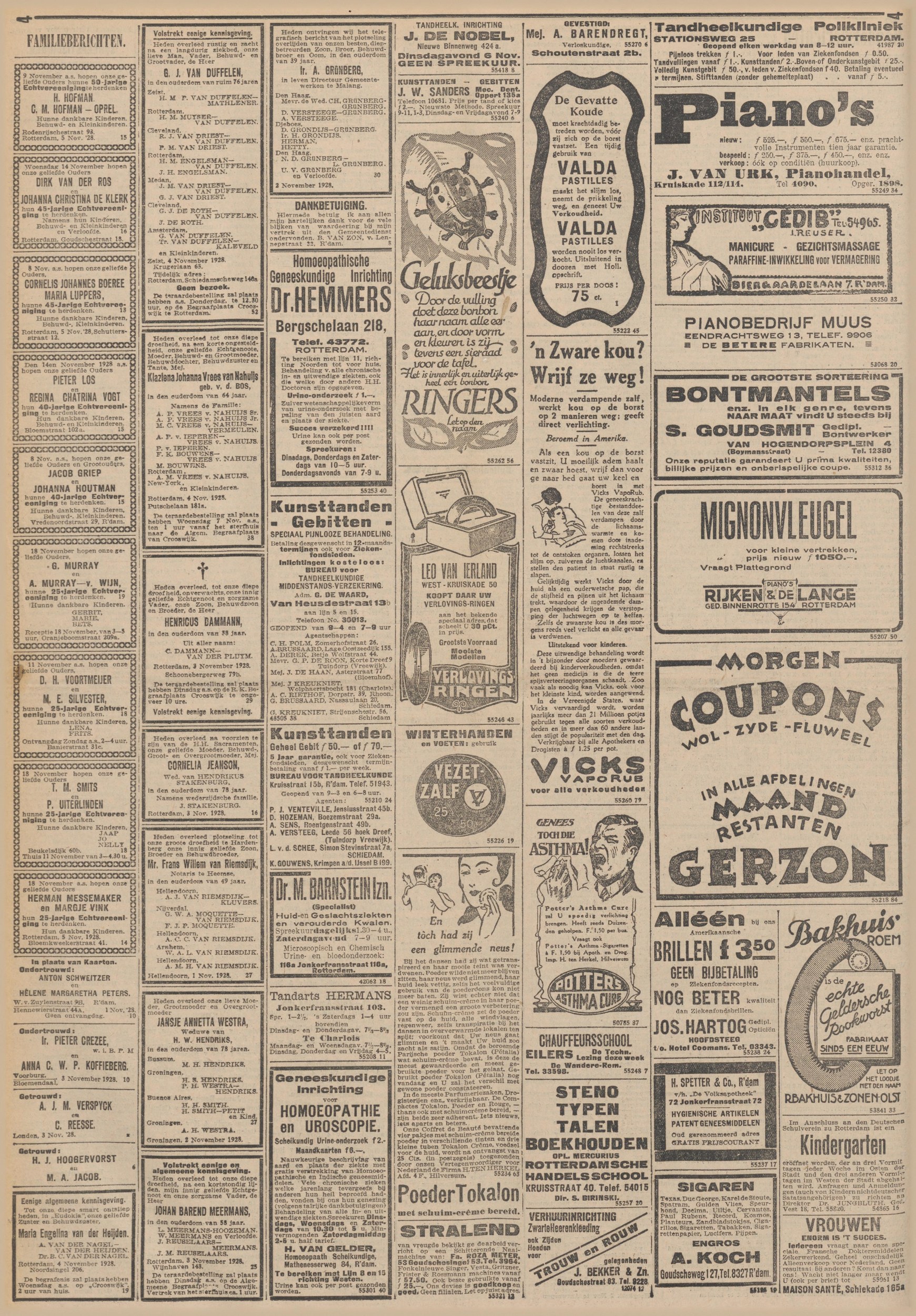 Rotterdamsch Nieuwsblad 05-11-1928 — familiebericht: death of founder G. J. van Duffelen (Zeist, 4 Nov 1928)