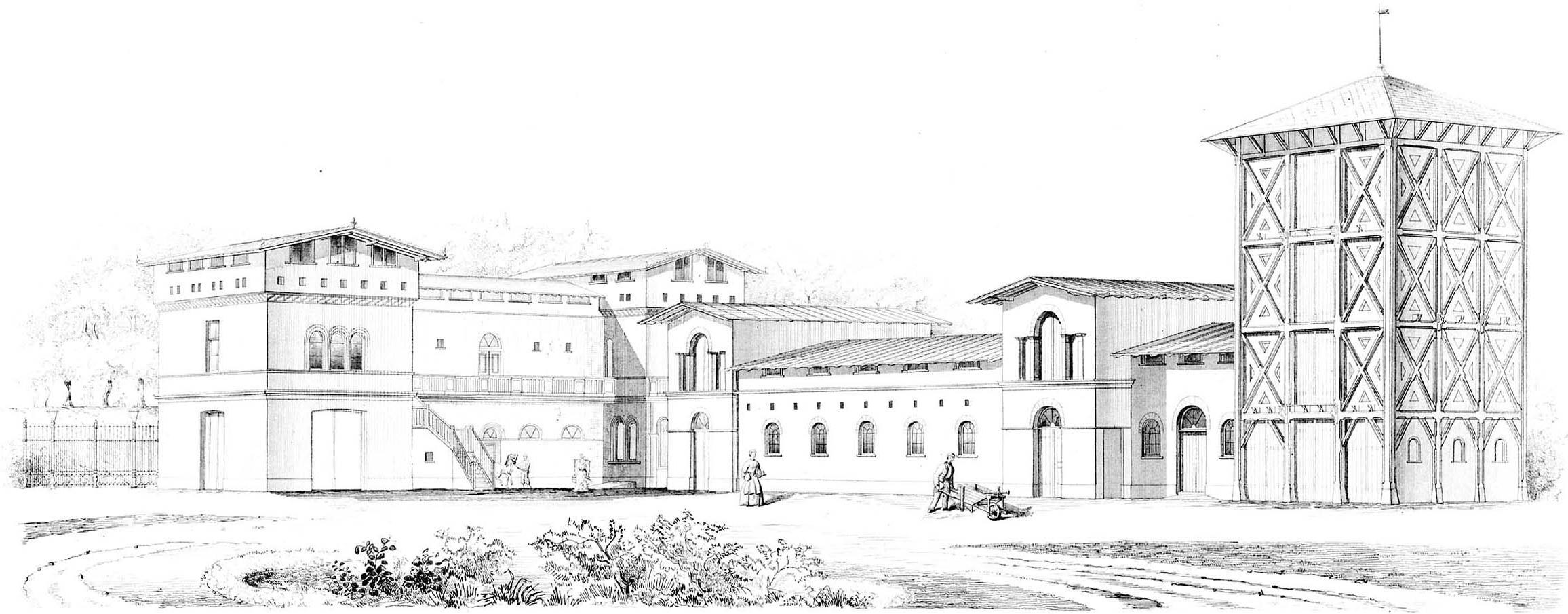 A fine architectural perspective engraving/lithograph of a country-estate farm complex: a two-storey Italianate/Swiss-chalet villa-farm with wide overhanging eaves and a loggia staircase at left, a long low…