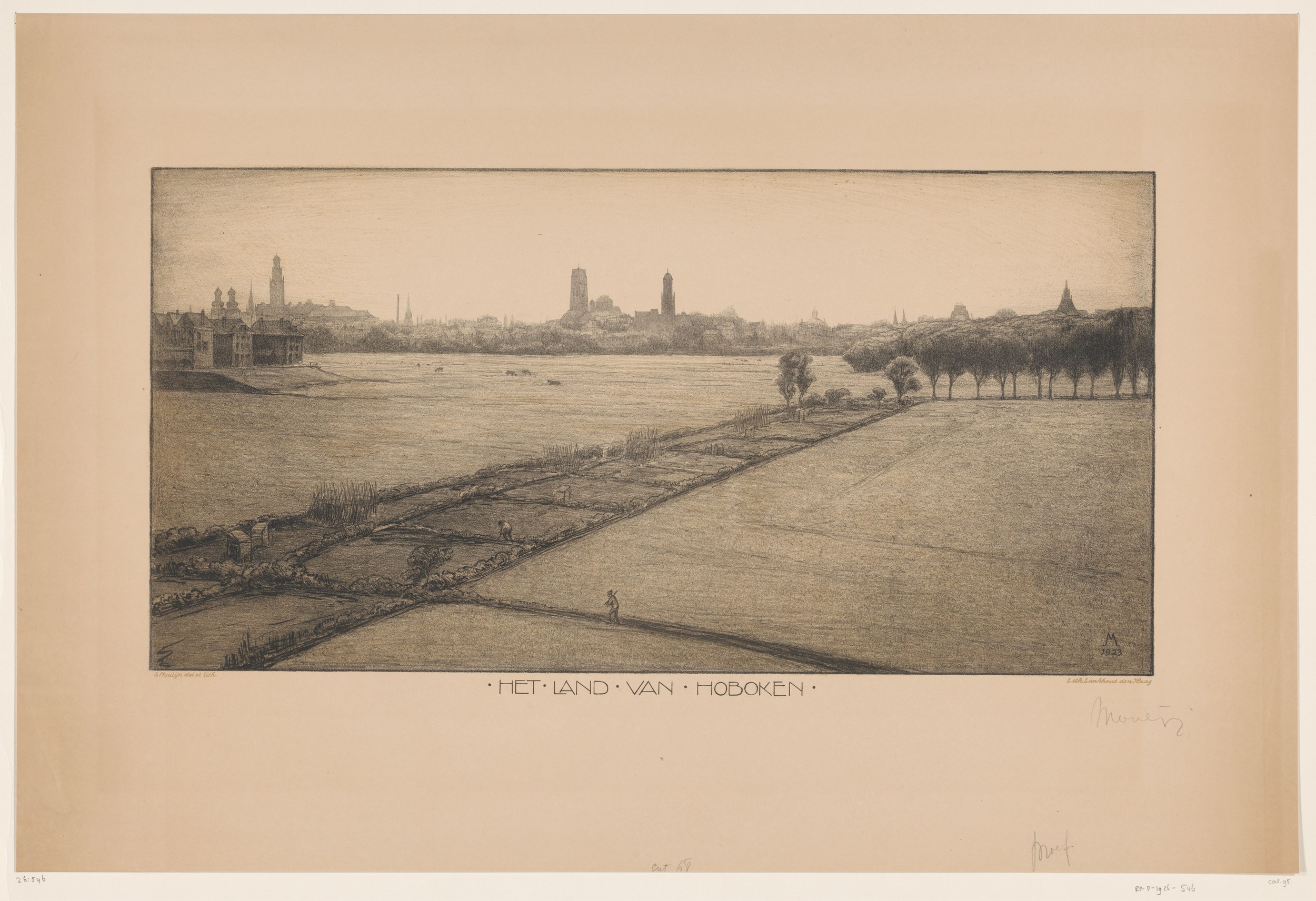 An atmospheric 1923 lithograph by **Simon Moulijn**, printed by Lankhout (The Hague), looking across the flat, open **Land van Hoboken** meadows — hedged garden plots and a cattle-grazed polder in the foregr…