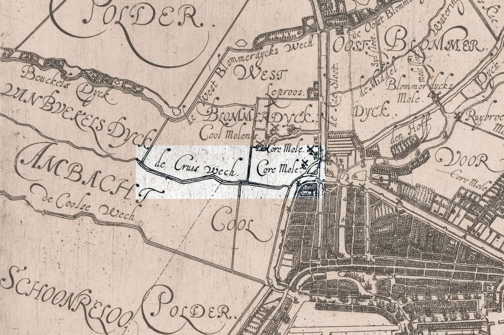 Kruiskade tussen het Ambacht Cool en de West Blommerdijk polder, c. 1625
