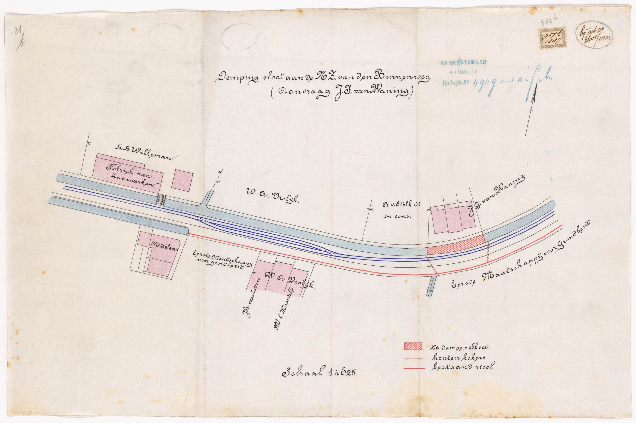 1887 Kaart demping aan noordzijde Nieuwe Binnenweg, aanvraag van J.I. van Waning