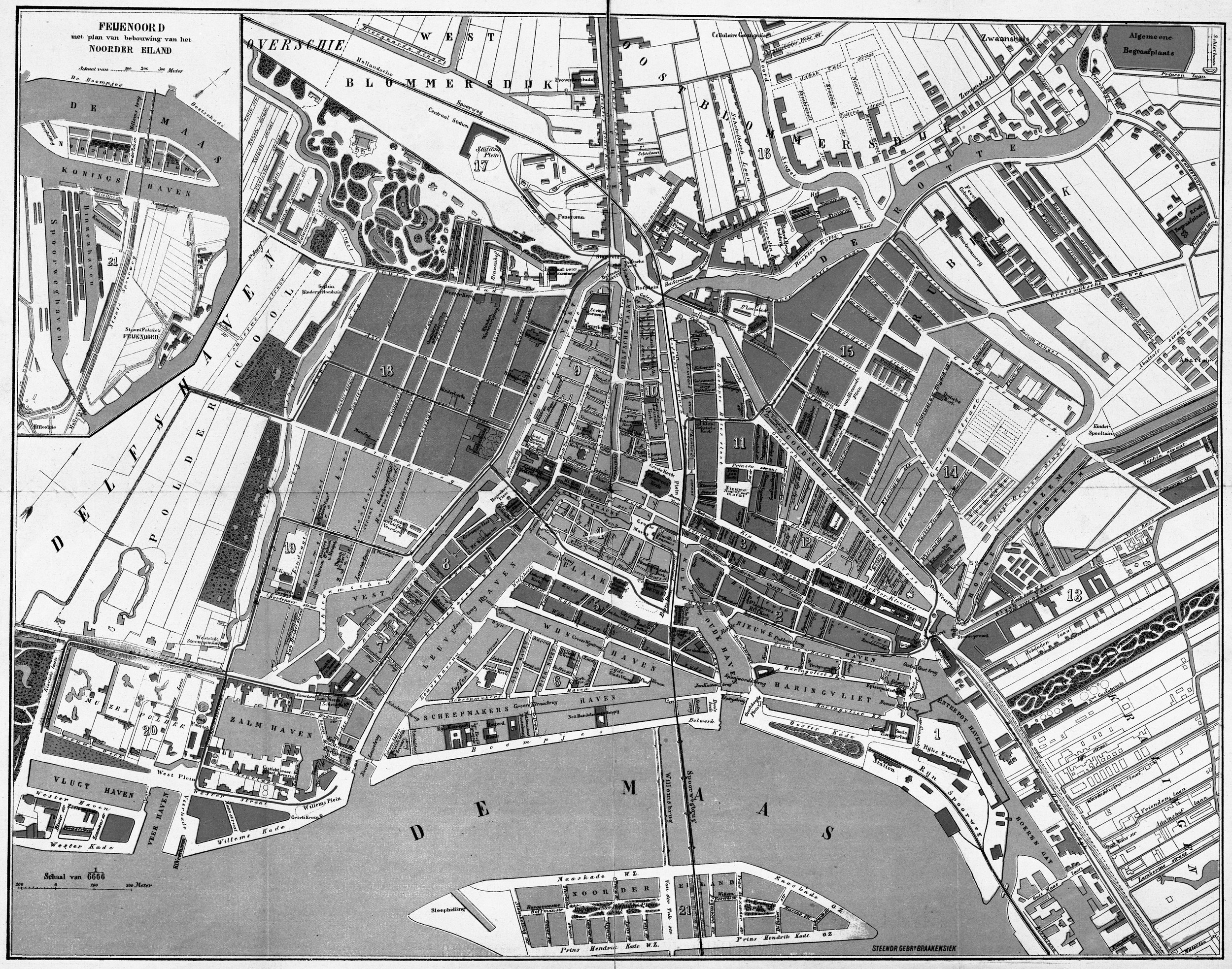 Plattegrond van Rotterdam in 1882 met plan voor uitbreiding
