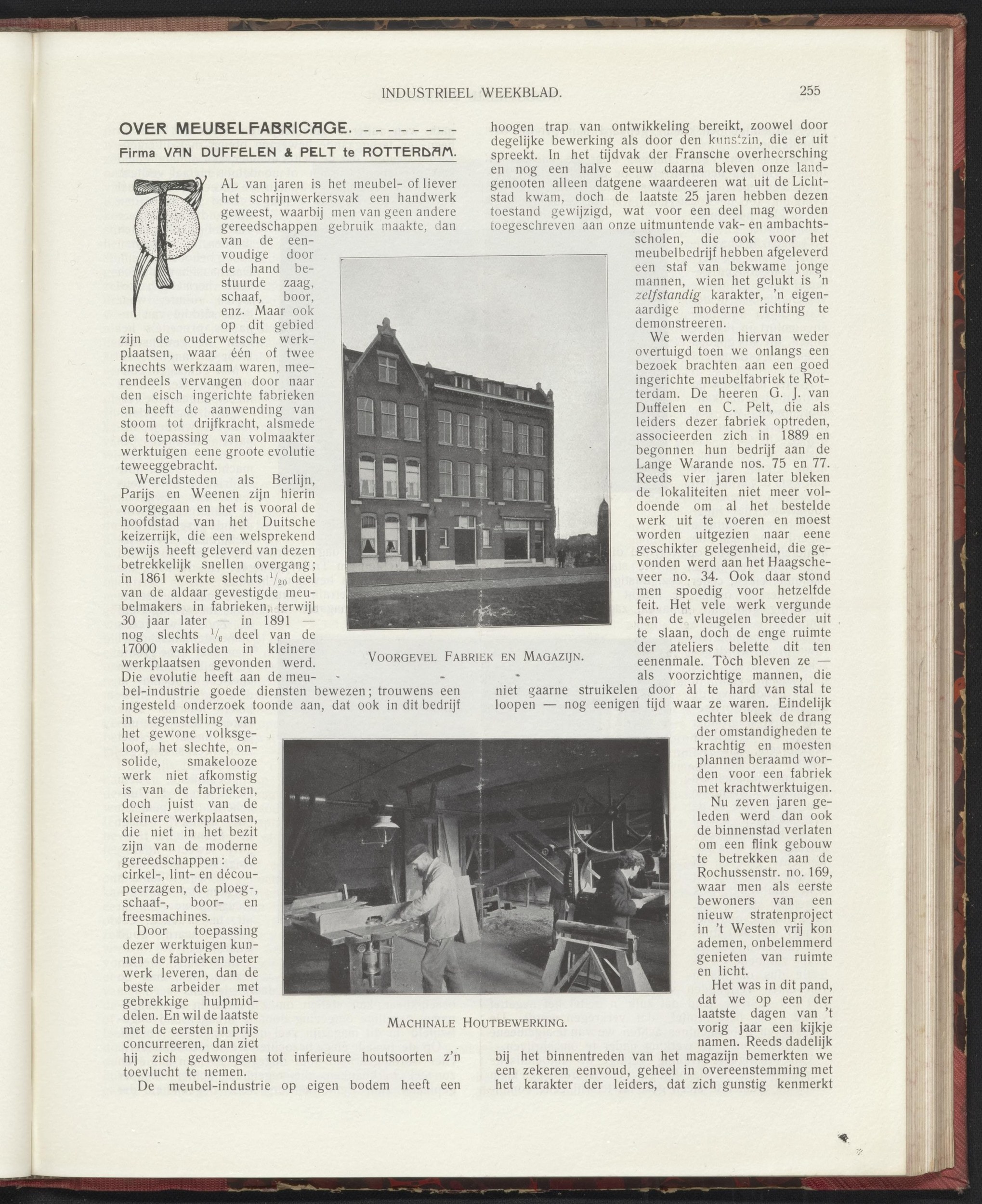 Industrieel Weekblad 11 Jan 1907 p.255 — 'VOORGEVEL FABRIEK EN MAGAZIJN' (the Rochussenstraat 169 building) + machine-woodworking shop