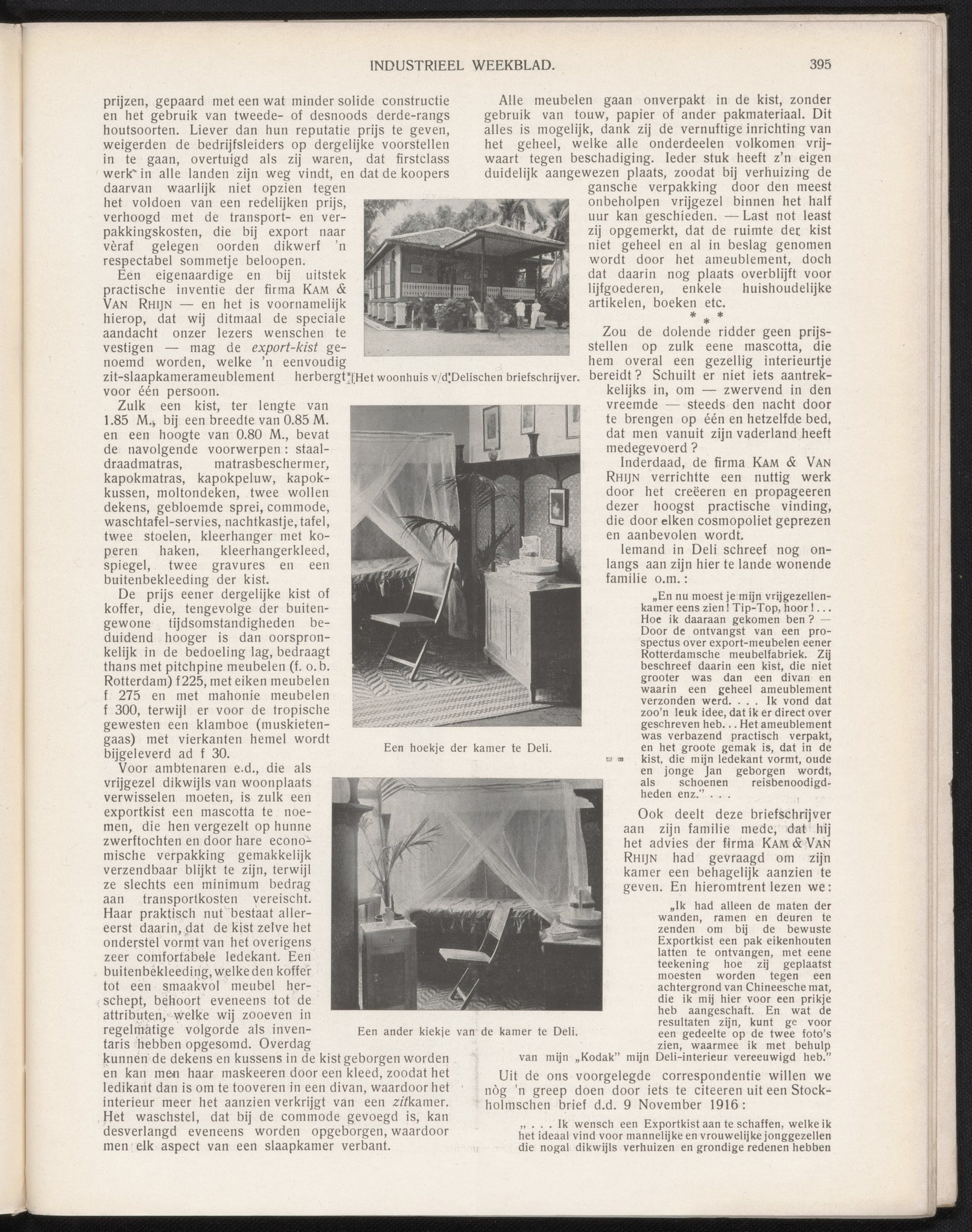 Industrieel Weekblad, 9 juni 1917, p.395 — vervolg van 'Iets over den export van Hollandsche meubelen' (afmetingen/inhoud/prijzen van de Exportkist, foto's van Deli, brief uit Stockholm)