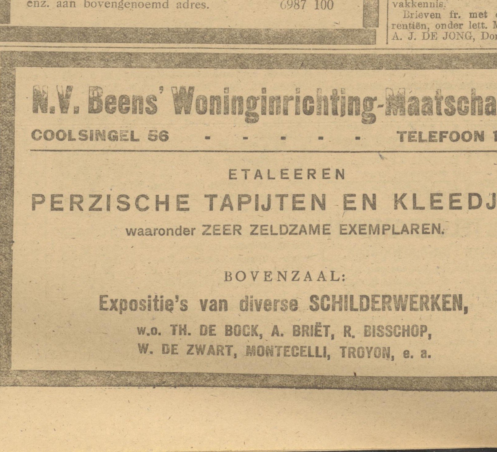 De Maasbode, 21 giugno 1918 — inserzione di Beens (Coolsingel 56), ritaglio della voce