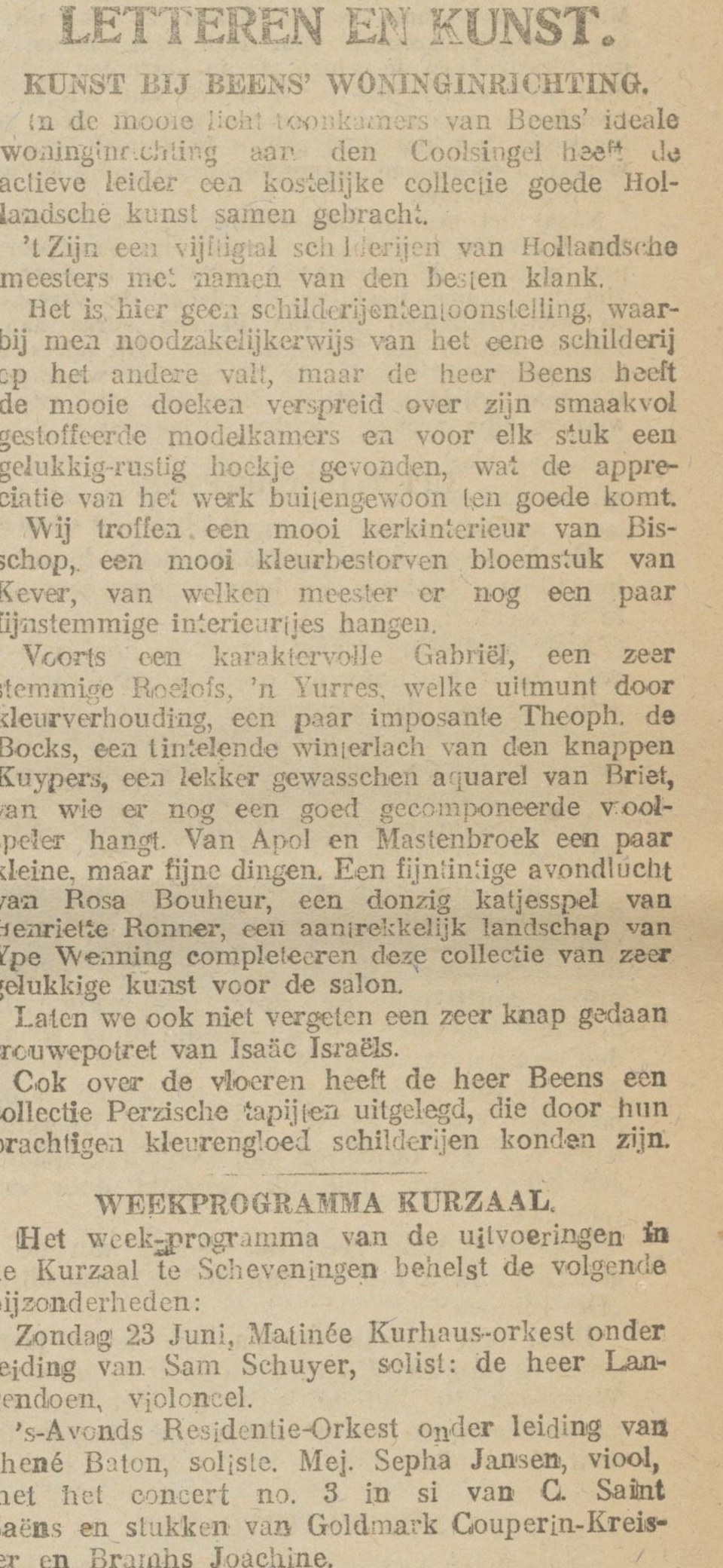 De Maasbode, 23 giugno 1918 — 'Kunst bij Beens' Woninginrichting' — ritaglio dell'articolo