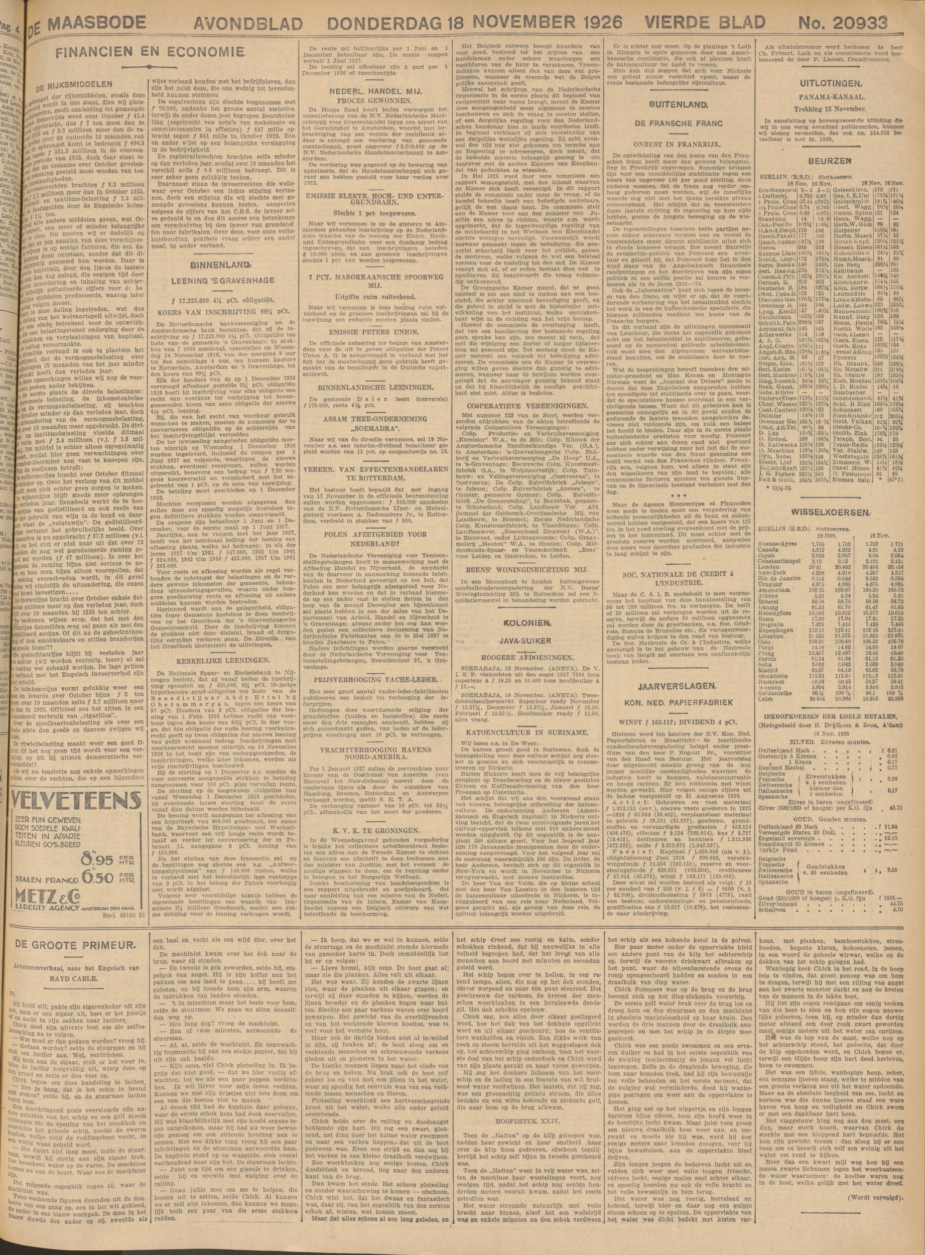 De Maasbode 18-11-1926 — 'Beens' Woninginrichting Mij.': assemblea straordinaria degli azionisti per esaminare un liquidatievoorstel (pagina intera, originale)