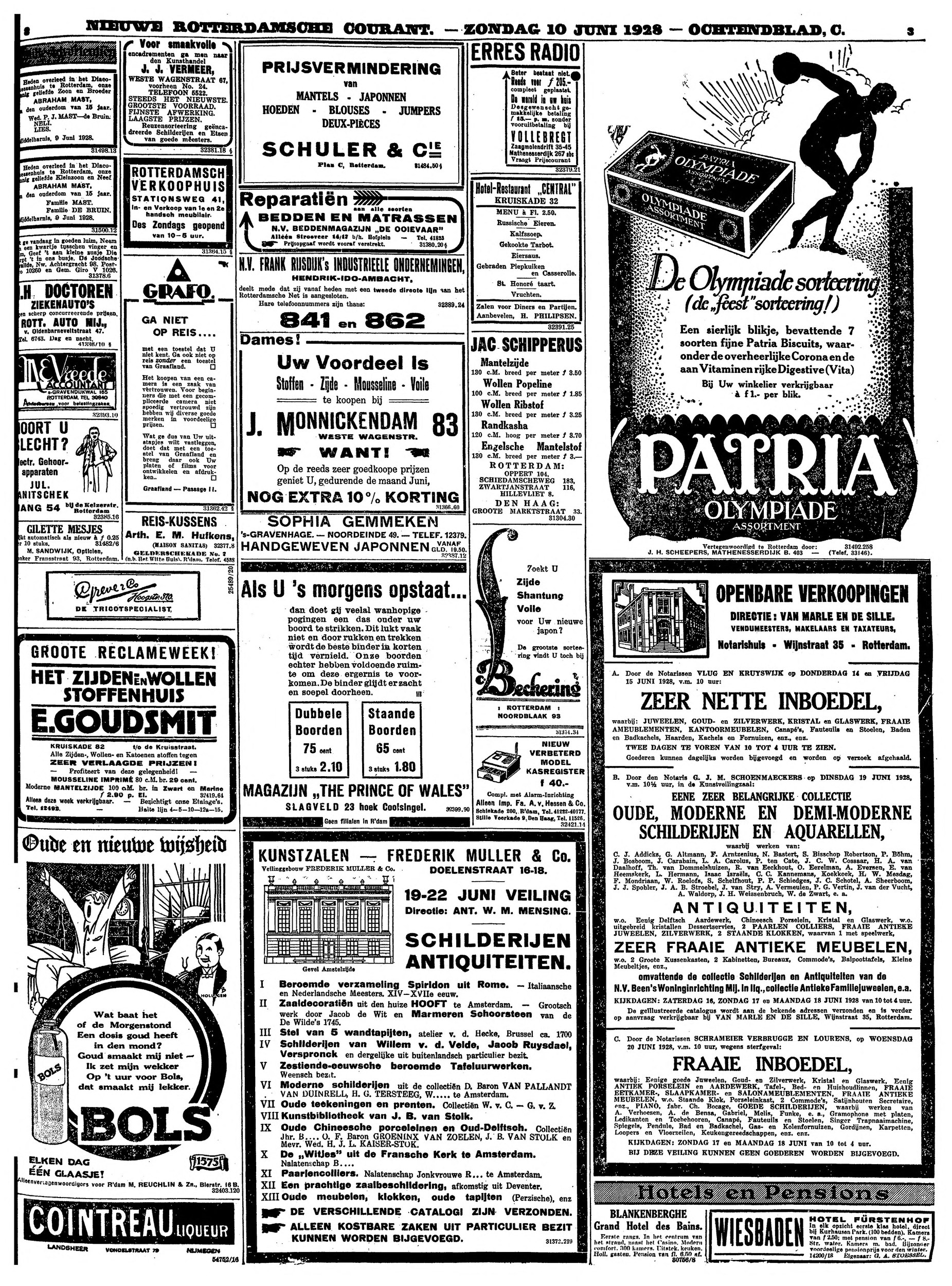 Nieuwe Rotterdamsche Courant, 10 giugno 1928, immagine Delpher p007 (p. 3 a stampa), inserzione di Beens per l'asta d'arte