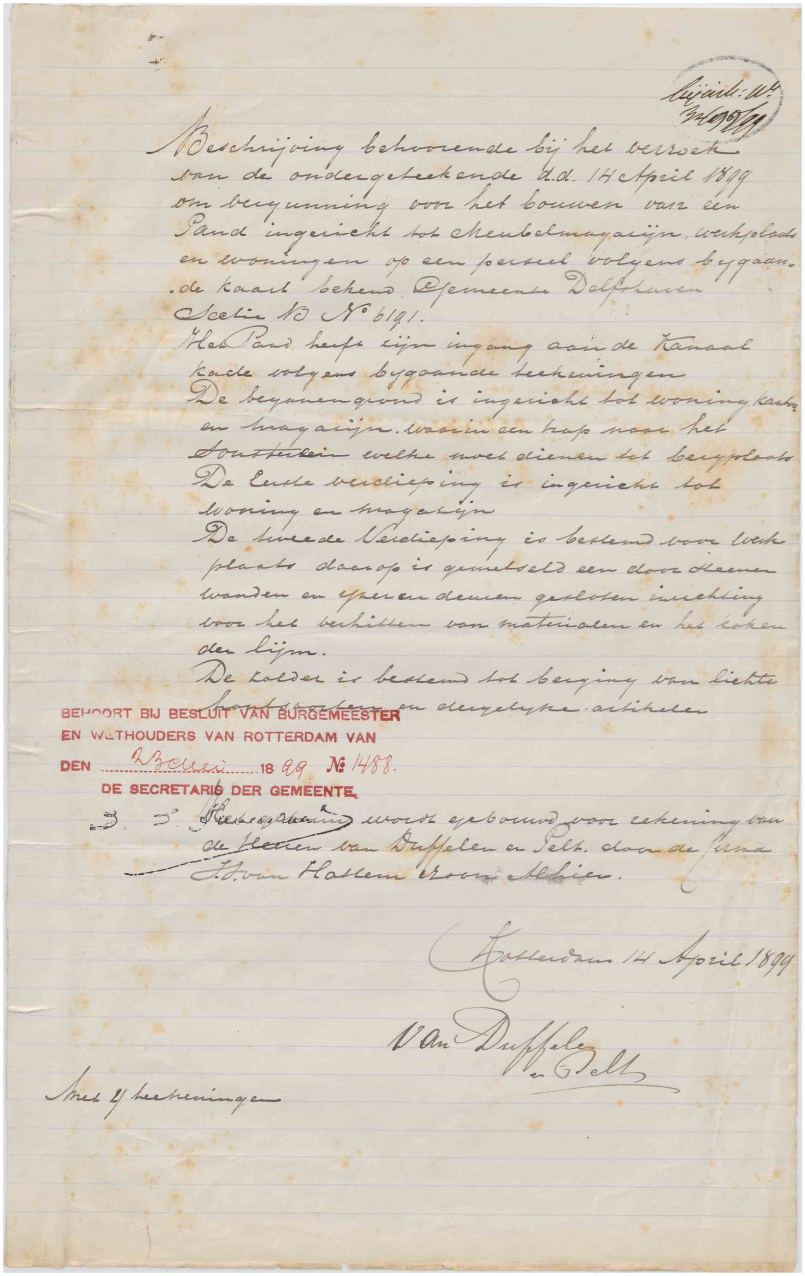 Beschrijving behoorende bij het verzoek (bouwvergunning-aanvraag), 14 April 1899