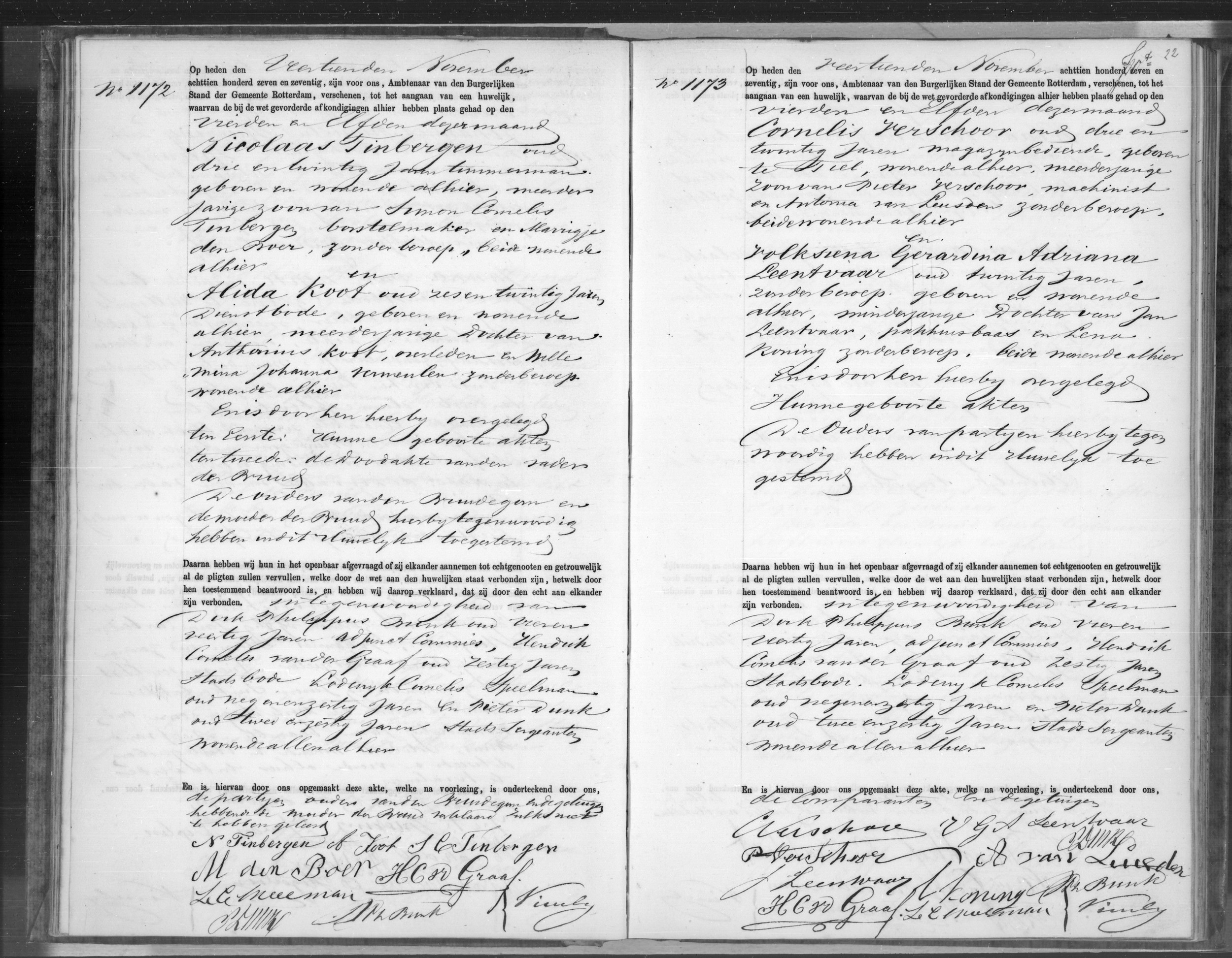 Burgerlijke Stand Rotterdam, huwelijksregister 1877, akte 1172 (folio g021v) — two-page spread