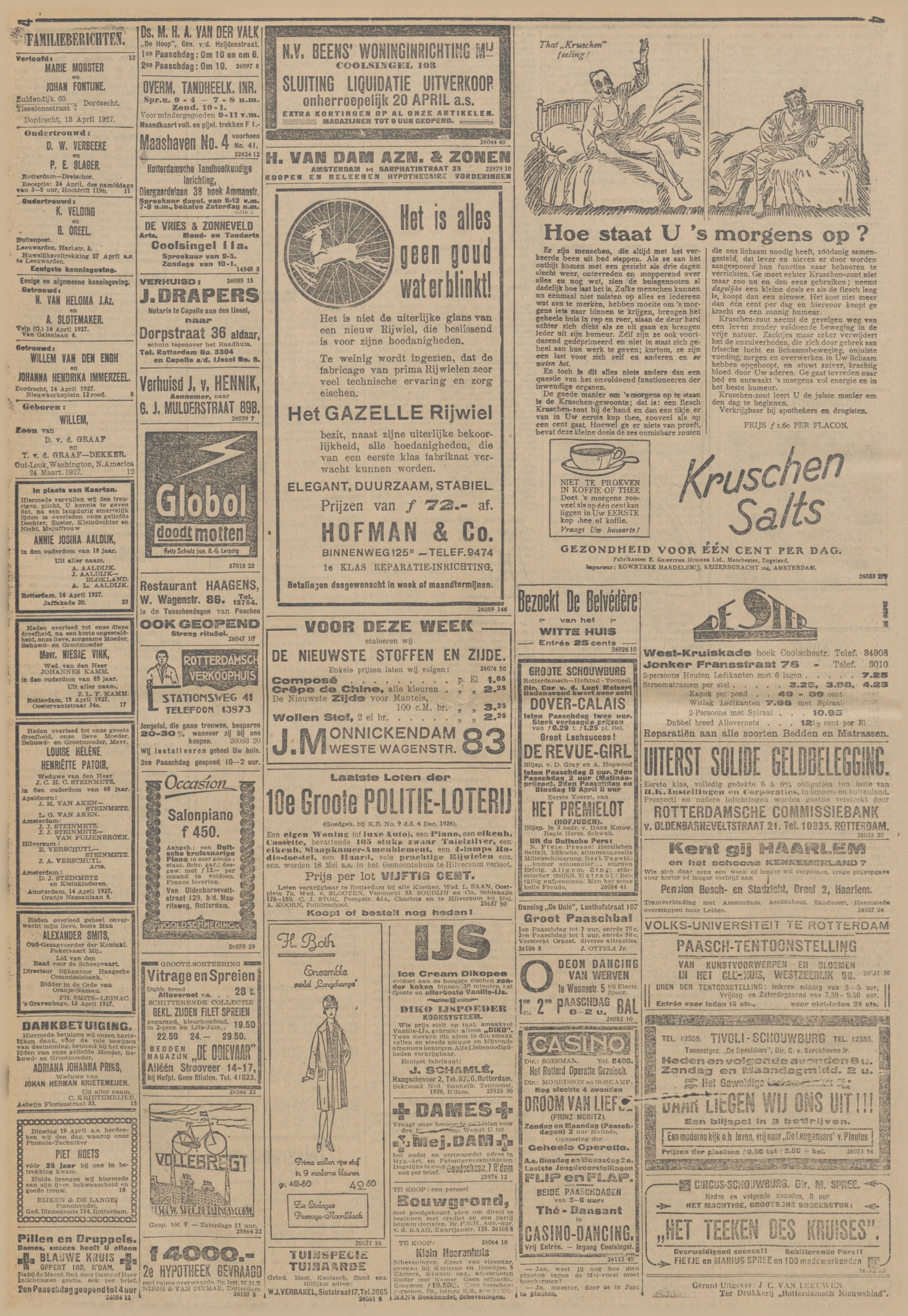 Rotterdamsch Nieuwsblad 16-04-1927 p.28 — N.V. Beens' Woninginrichting closing-down 'SLUITING LIQUIDATIE UITVERKOOP', Coolsingel 103, onherroepelijk 20 April a.s. (full page master)